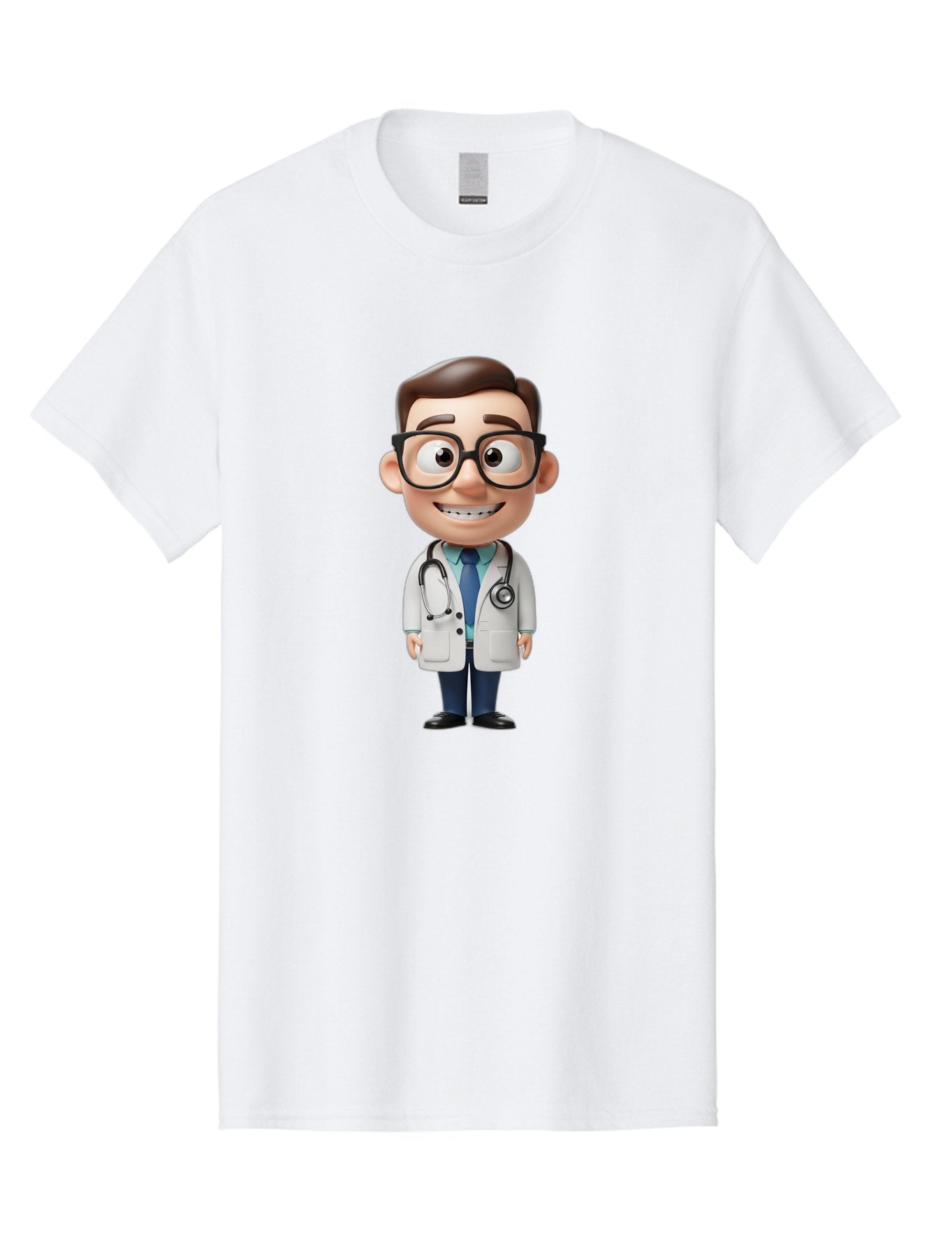 Cartoon-Doctor Men'S Graphic Tee, 100% Cotton, Comfortable Casual Summer Wear, Machine Washable, Cartoon Doctor, 3D Character, Medical Professional, Stethoscope Around Neck, White Lab Coat, Blue Tie, Black Glasses, Friendly Smile, Baa256 7
