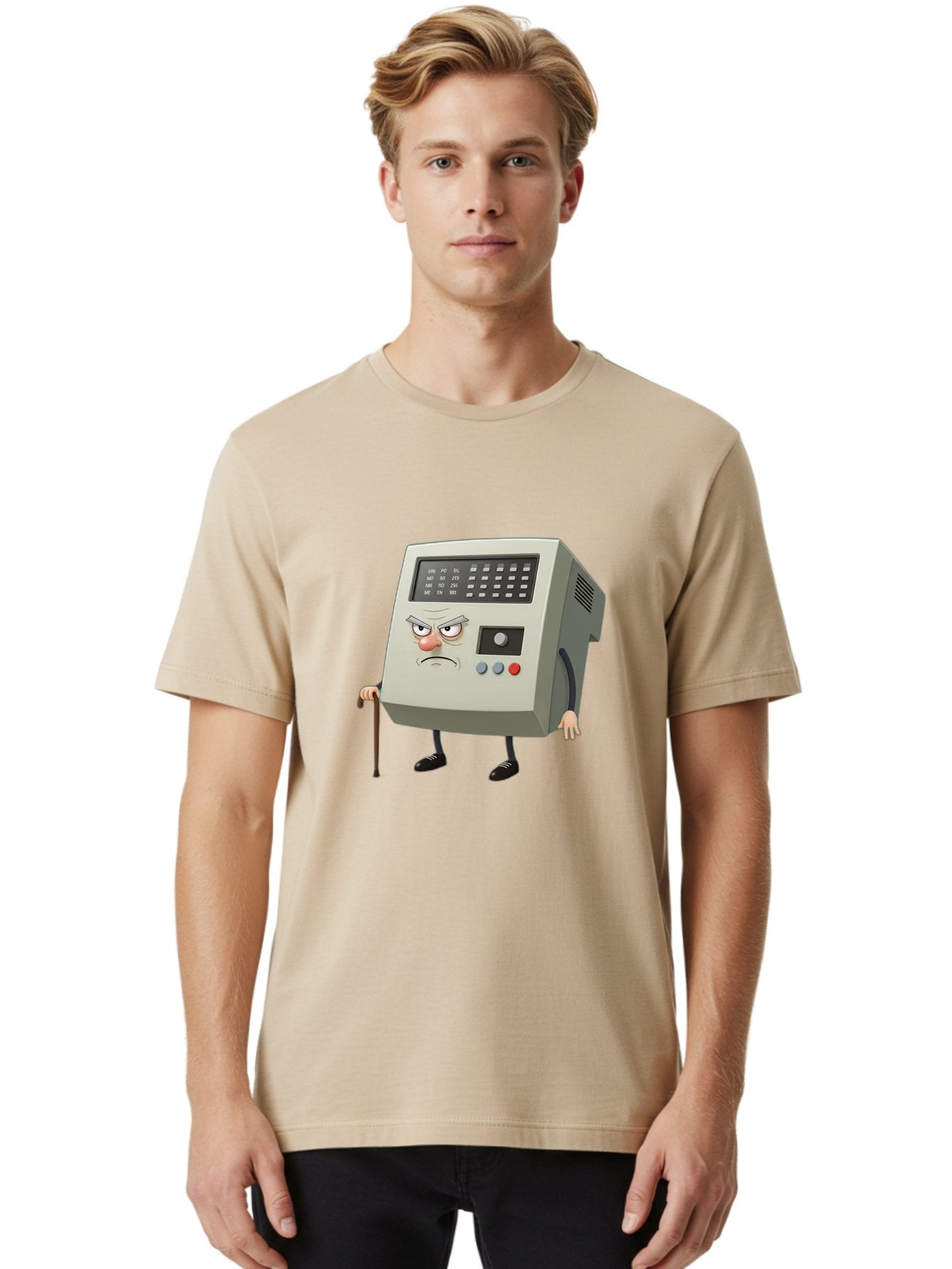 Cash-Register-Character Men'S Graphic Tee, 100% Cotton, Comfortable Casual Summer Wear, Machine Washable, Cash Register With Human-Like Face, Grumpy Expression, Vintage Style, Retro Aesthetic, Cartoon Character, Old-Fashioned Technology, Baa258 20