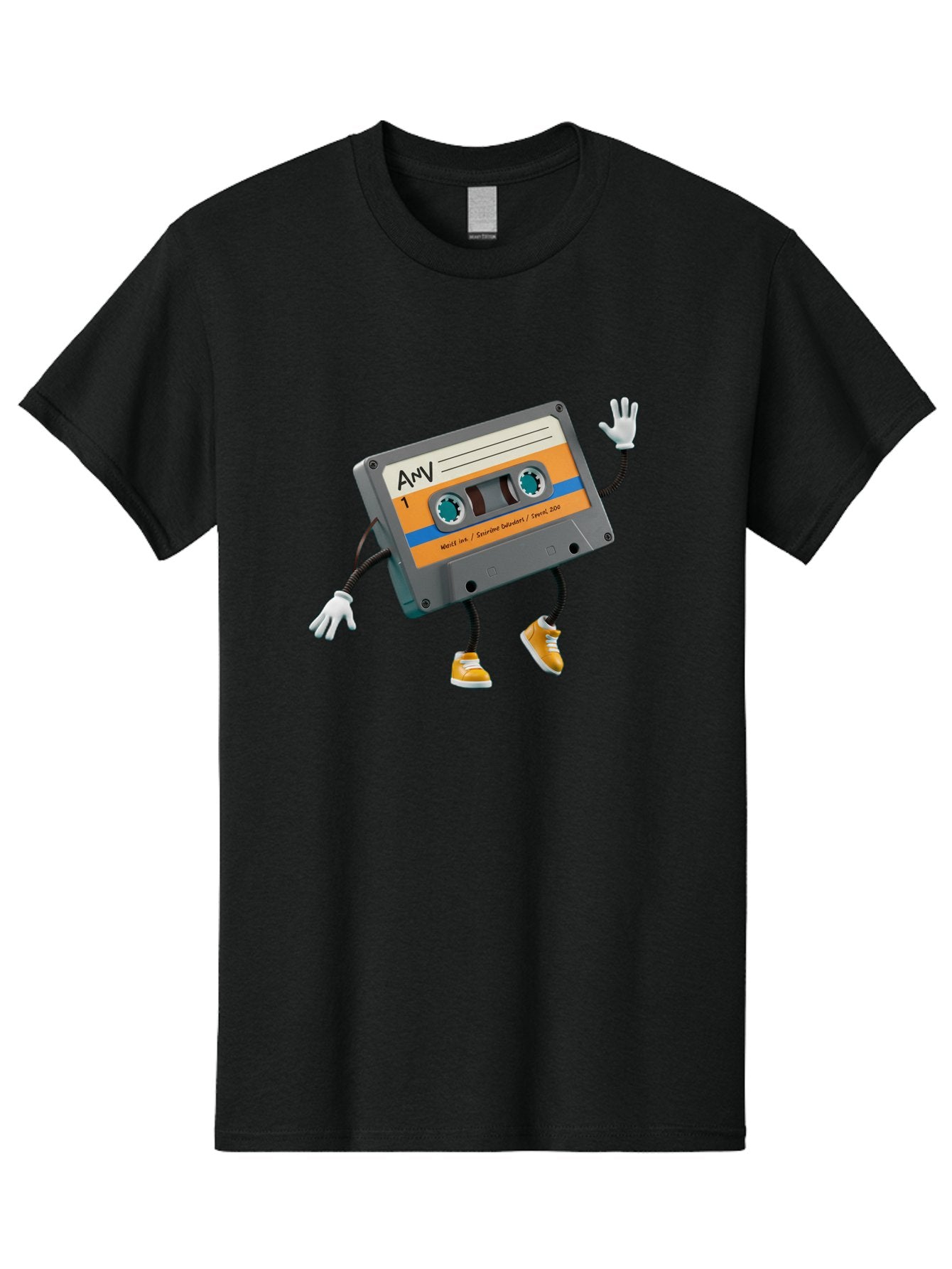 Cassette-Tape-1 Men'S Graphic Tee, 100% Cotton, Comfortable Casual Summer Wear, Machine Washable, Cartoon Cassette Tape, Anthropomorphic Character, Retro Music, Orange Sneakers, Waving Gesture, Fun Design, Nostalgic Vibe, Playful Illustration, Baa259 13