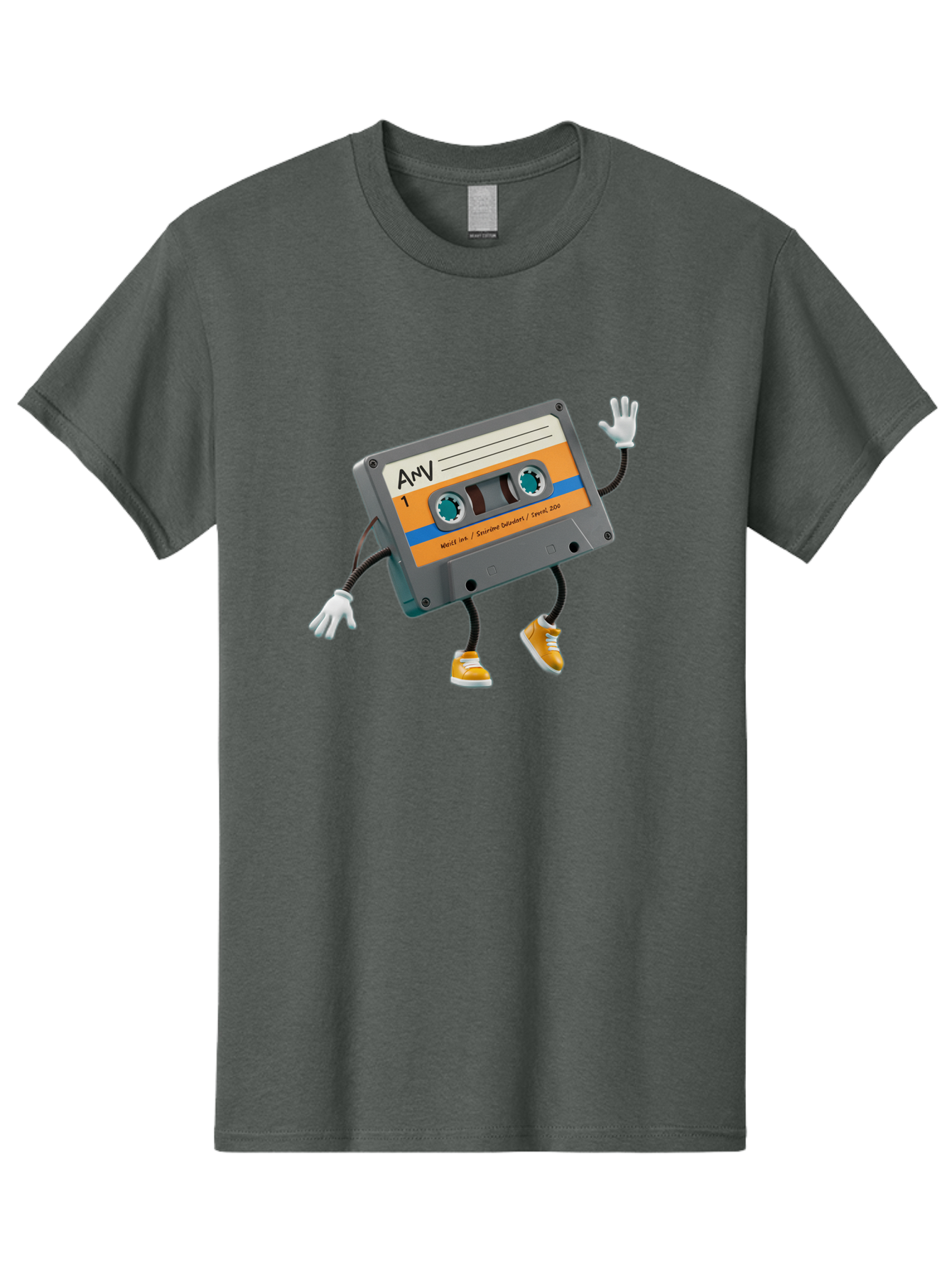Cassette-Tape-1 Men'S Graphic Tee, 100% Cotton, Comfortable Casual Summer Wear, Machine Washable, Cartoon Cassette Tape, Anthropomorphic Character, Retro Music, Orange Sneakers, Waving Gesture, Fun Design, Nostalgic Vibe, Playful Illustration, Baa259 7