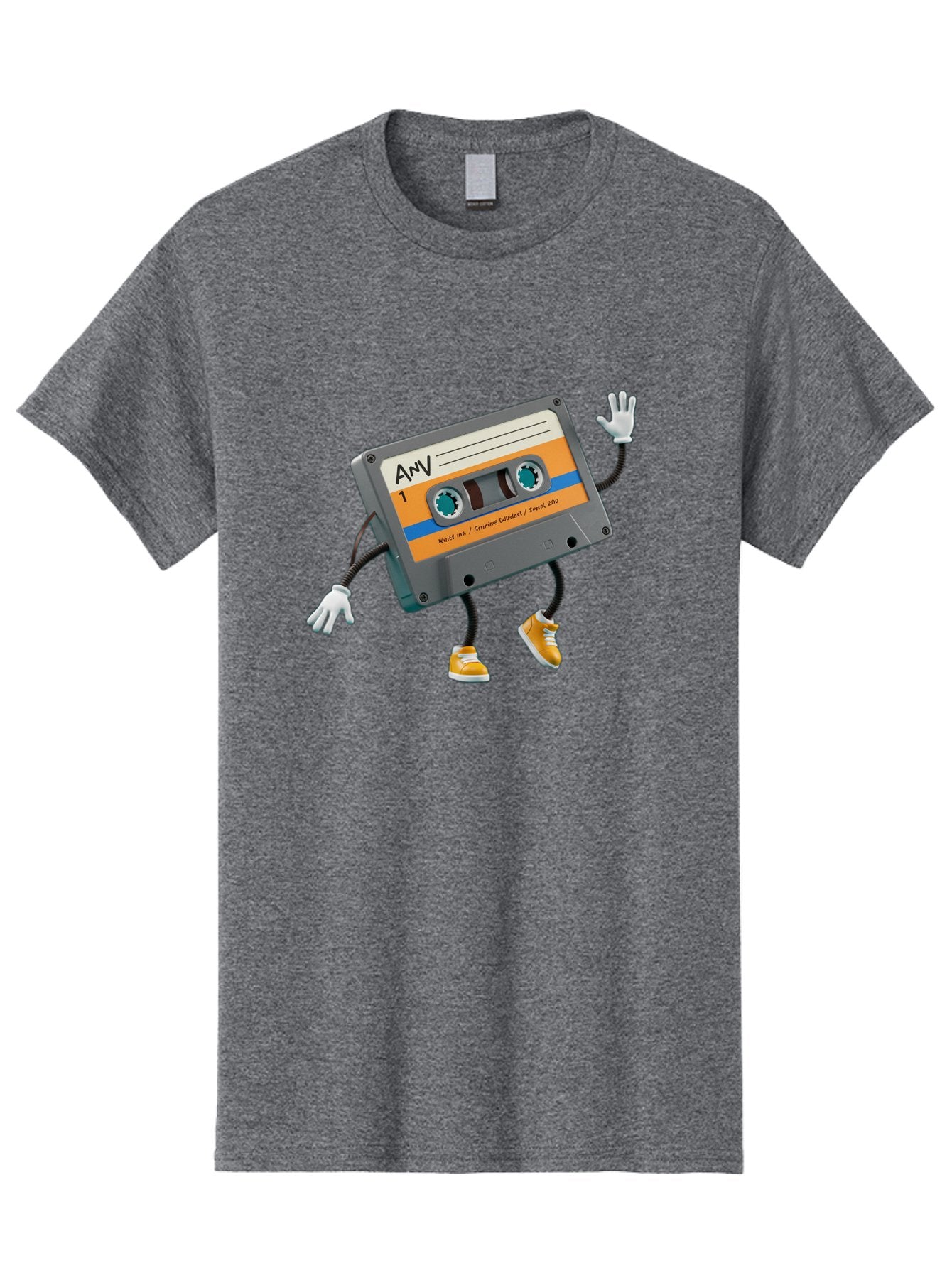Cassette-Tape-1 Men'S Graphic Tee, 100% Cotton, Comfortable Casual Summer Wear, Machine Washable, Cartoon Cassette Tape, Anthropomorphic Character, Retro Music, Orange Sneakers, Waving Gesture, Fun Design, Nostalgic Vibe, Playful Illustration, Baa259 5