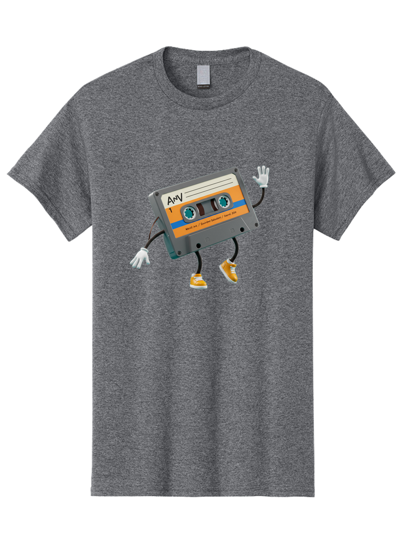 Cassette-Tape-1 Men'S Graphic Tee, 100% Cotton, Comfortable Casual Summer Wear, Machine Washable, Cartoon Cassette Tape, Anthropomorphic Character, Retro Music, Orange Sneakers, Waving Gesture, Fun Design, Nostalgic Vibe, Playful Illustration, Baa259 15