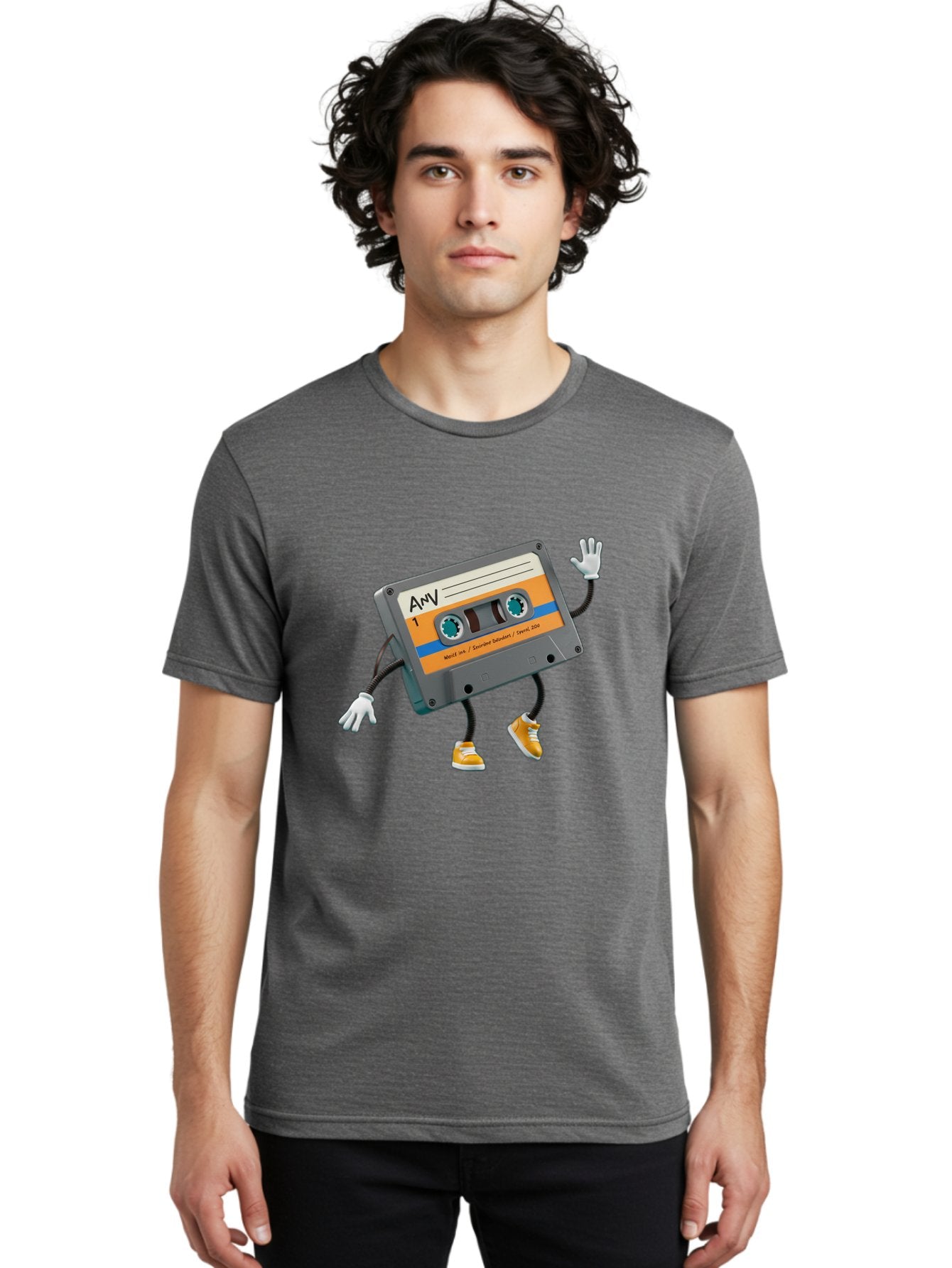 Cassette-Tape-1 Men'S Graphic Tee, 100% Cotton, Comfortable Casual Summer Wear, Machine Washable, Cartoon Cassette Tape, Anthropomorphic Character, Retro Music, Orange Sneakers, Waving Gesture, Fun Design, Nostalgic Vibe, Playful Illustration, Baa259 23