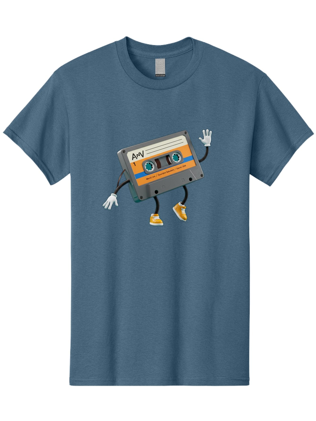 Cassette-Tape-1 Men'S Graphic Tee, 100% Cotton, Comfortable Casual Summer Wear, Machine Washable, Cartoon Cassette Tape, Anthropomorphic Character, Retro Music, Orange Sneakers, Waving Gesture, Fun Design, Nostalgic Vibe, Playful Illustration, Baa259 7