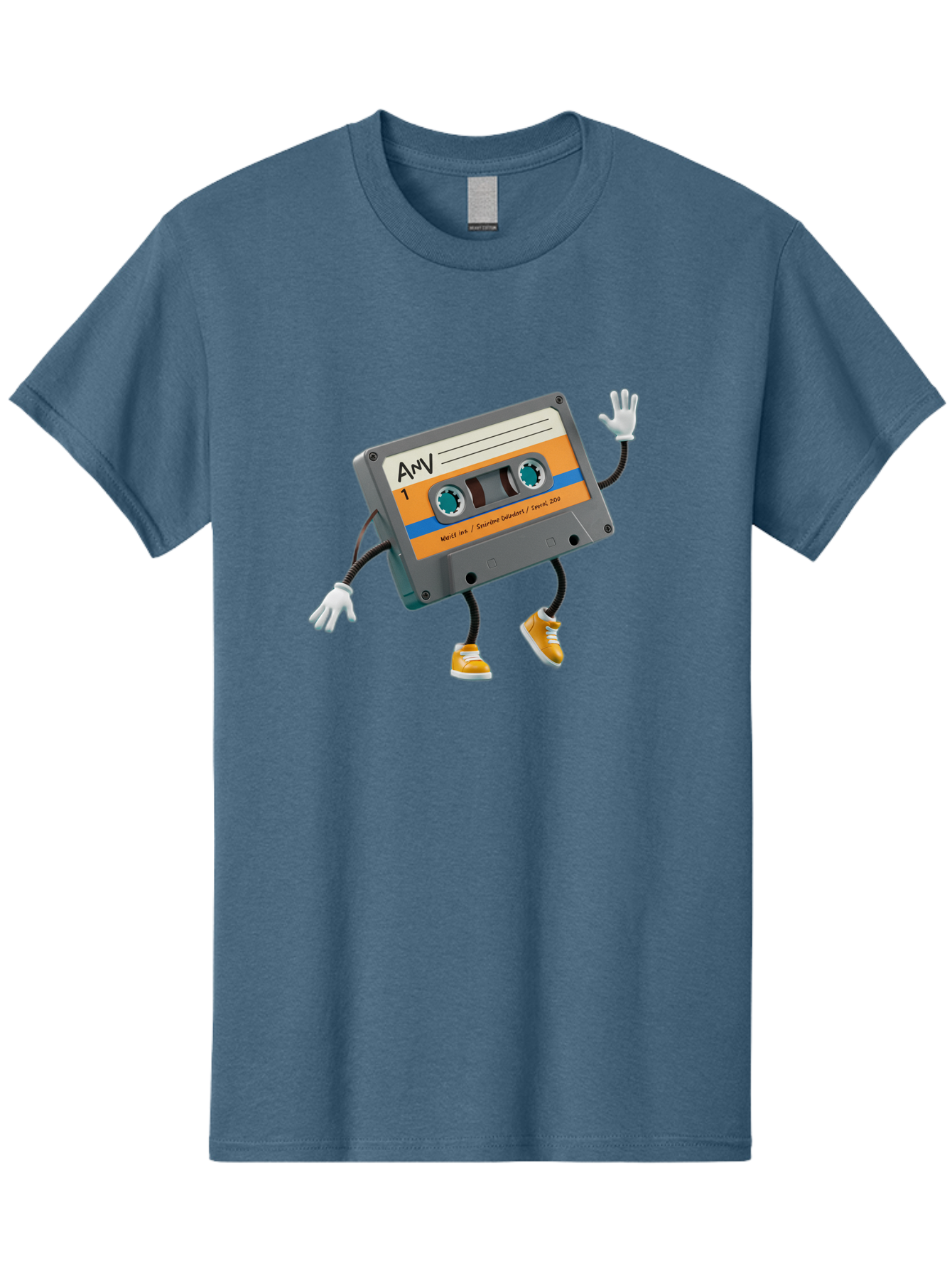 Cassette-Tape-1 Men'S Graphic Tee, 100% Cotton, Comfortable Casual Summer Wear, Machine Washable, Cartoon Cassette Tape, Anthropomorphic Character, Retro Music, Orange Sneakers, Waving Gesture, Fun Design, Nostalgic Vibe, Playful Illustration, Baa259 25