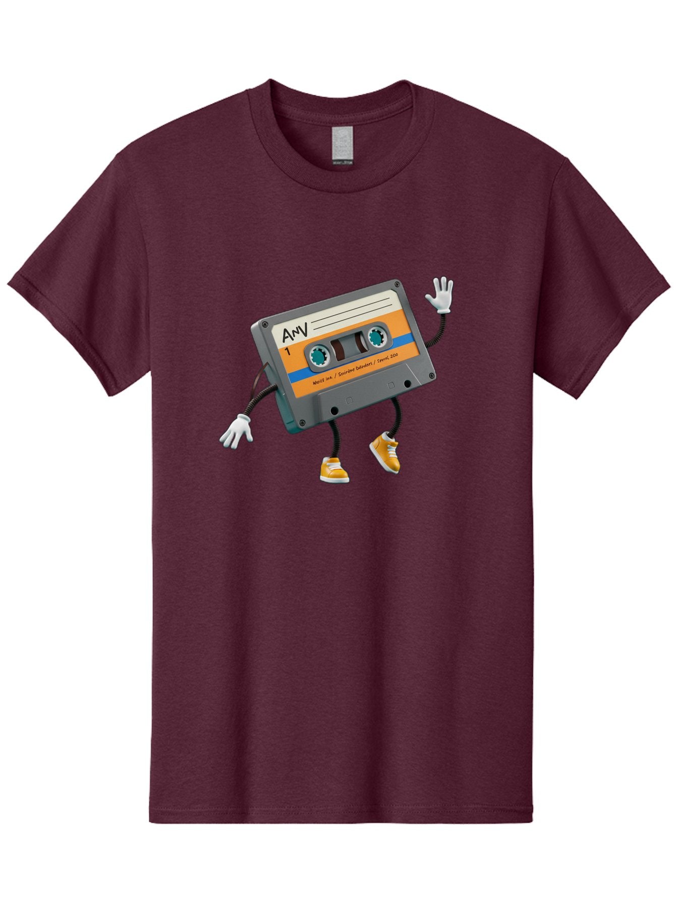 Cassette-Tape-1 Men'S Graphic Tee, 100% Cotton, Comfortable Casual Summer Wear, Machine Washable, Cartoon Cassette Tape, Anthropomorphic Character, Retro Music, Orange Sneakers, Waving Gesture, Fun Design, Nostalgic Vibe, Playful Illustration, Baa259 3