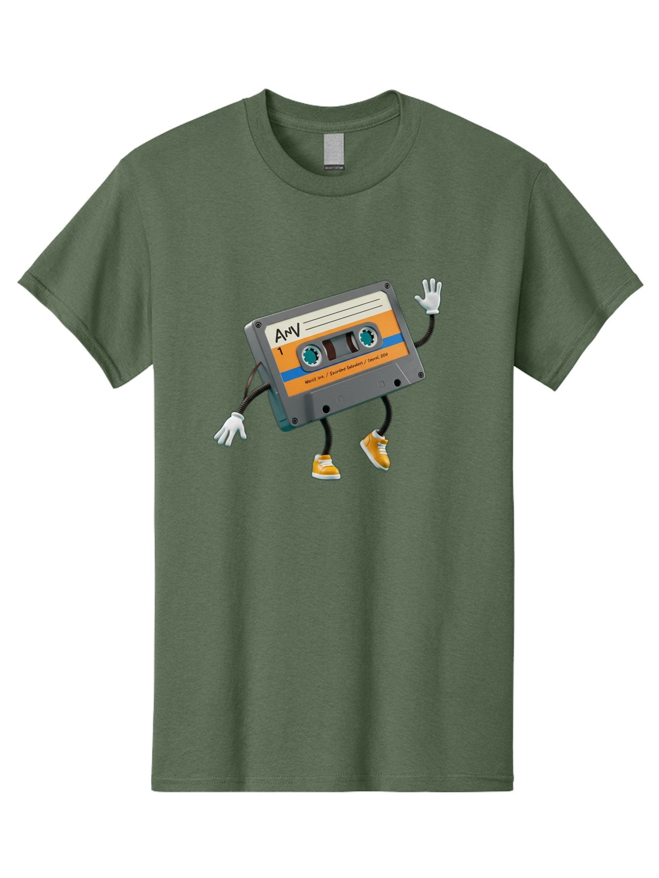 Cassette-Tape-1 Men'S Graphic Tee, 100% Cotton, Comfortable Casual Summer Wear, Machine Washable, Cartoon Cassette Tape, Anthropomorphic Character, Retro Music, Orange Sneakers, Waving Gesture, Fun Design, Nostalgic Vibe, Playful Illustration, Baa259 15