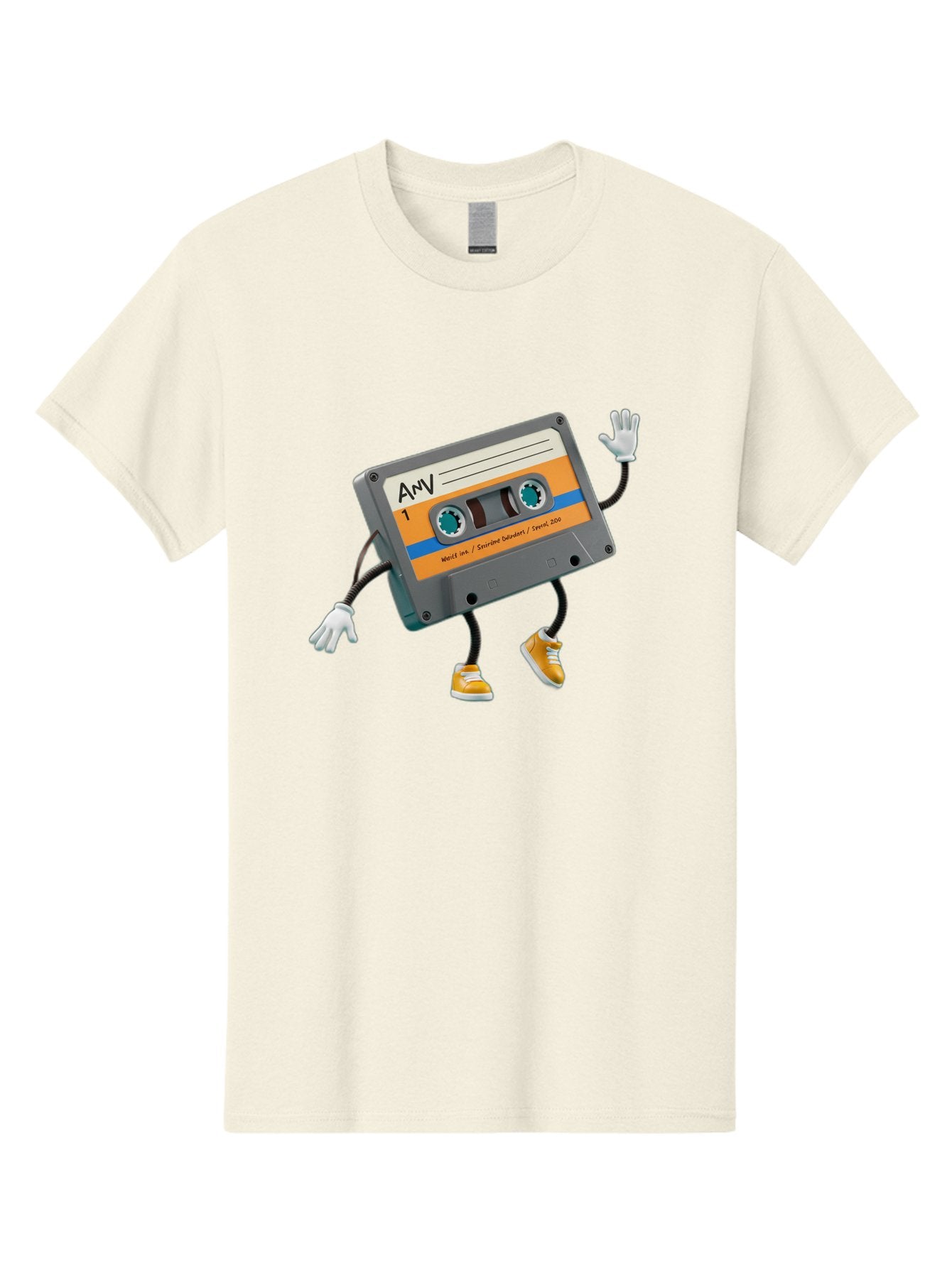 Cassette-Tape-1 Men'S Graphic Tee, 100% Cotton, Comfortable Casual Summer Wear, Machine Washable, Cartoon Cassette Tape, Anthropomorphic Character, Retro Music, Orange Sneakers, Waving Gesture, Fun Design, Nostalgic Vibe, Playful Illustration, Baa259 10