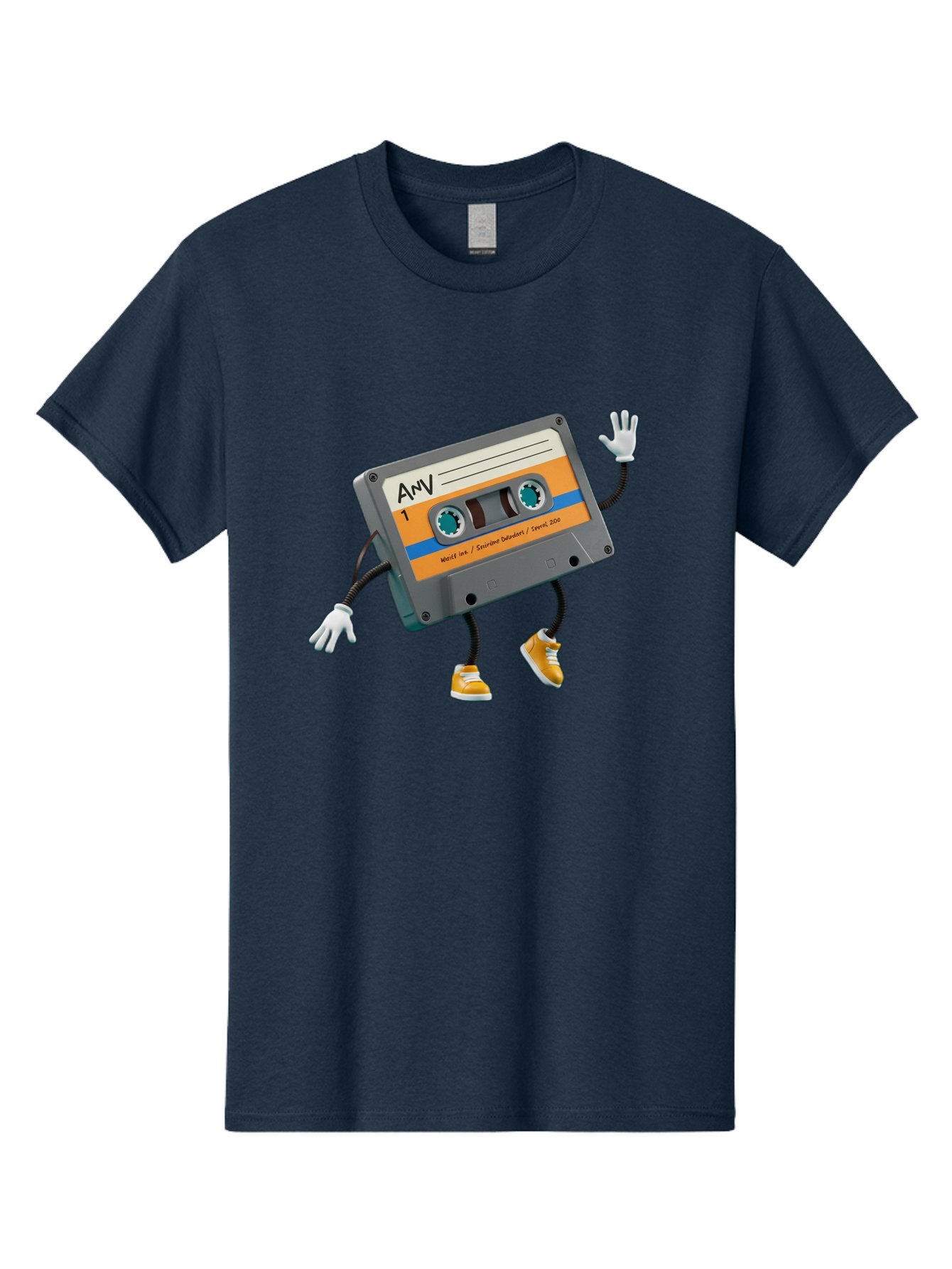 Cassette-Tape-1 Men'S Graphic Tee, 100% Cotton, Comfortable Casual Summer Wear, Machine Washable, Cartoon Cassette Tape, Anthropomorphic Character, Retro Music, Orange Sneakers, Waving Gesture, Fun Design, Nostalgic Vibe, Playful Illustration, Baa259 9