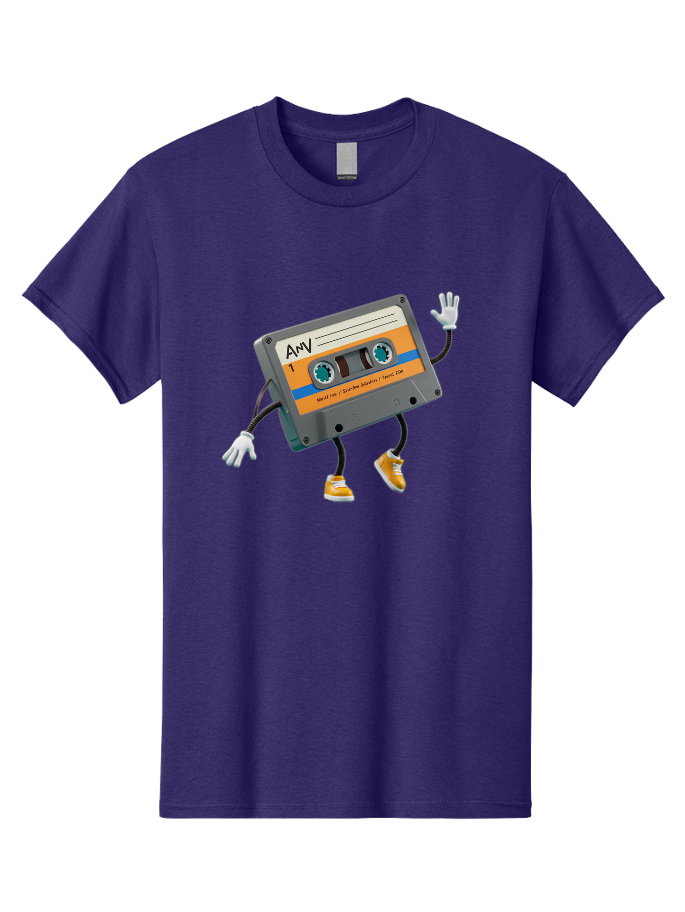 Cassette-Tape-1 Men'S Graphic Tee, 100% Cotton, Comfortable Casual Summer Wear, Machine Washable, Cartoon Cassette Tape, Anthropomorphic Character, Retro Music, Orange Sneakers, Waving Gesture, Fun Design, Nostalgic Vibe, Playful Illustration, Baa259 5
