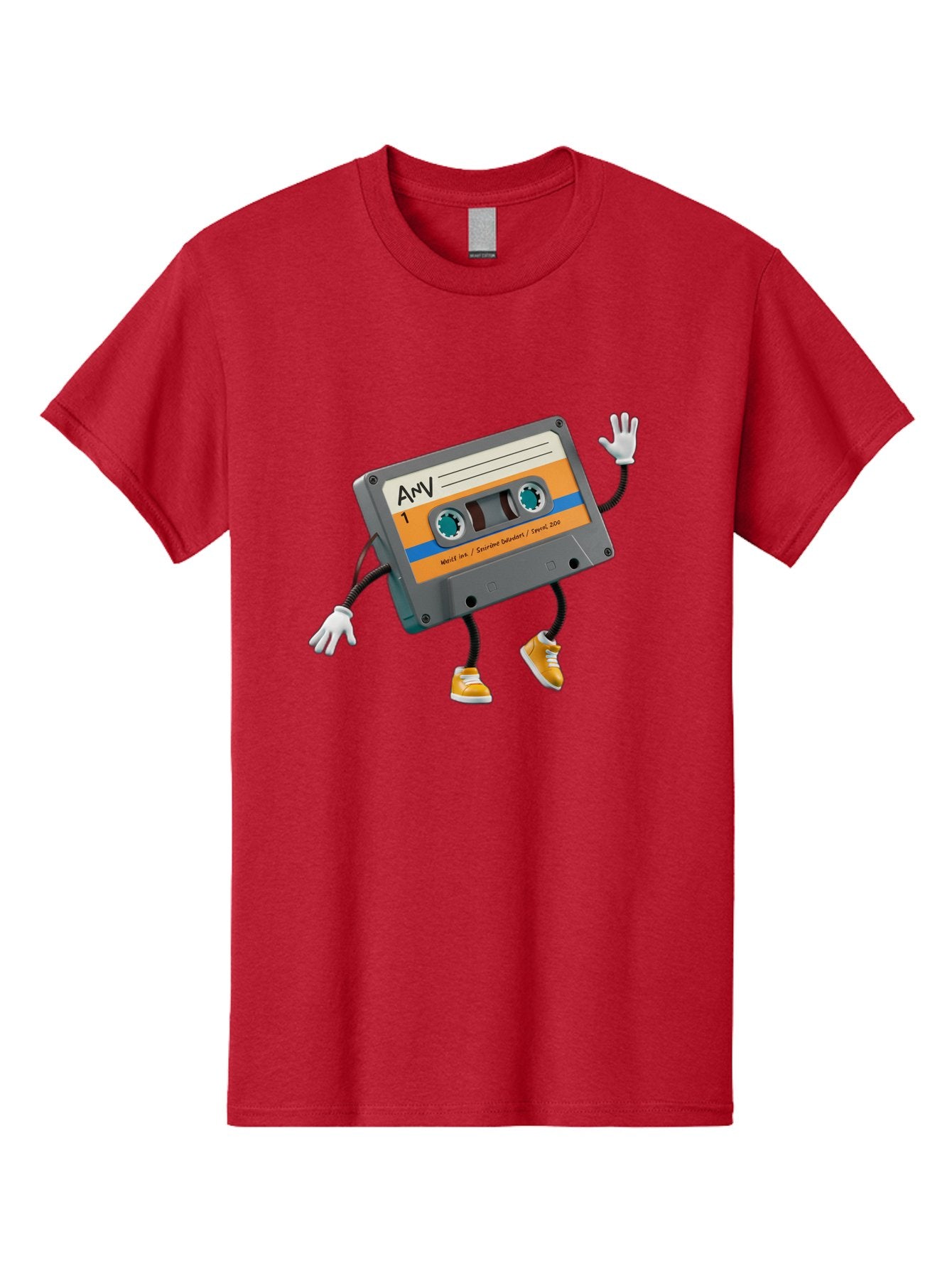 Cassette-Tape-1 Men'S Graphic Tee, 100% Cotton, Comfortable Casual Summer Wear, Machine Washable, Cartoon Cassette Tape, Anthropomorphic Character, Retro Music, Orange Sneakers, Waving Gesture, Fun Design, Nostalgic Vibe, Playful Illustration, Baa259