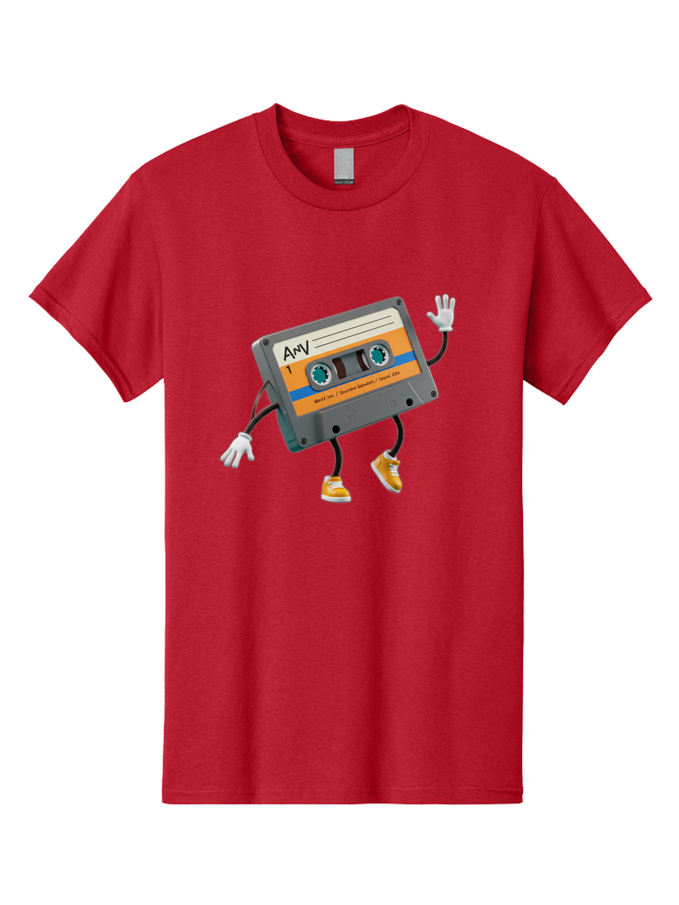 Cassette-Tape-1 Men'S Graphic Tee, 100% Cotton, Comfortable Casual Summer Wear, Machine Washable, Cartoon Cassette Tape, Anthropomorphic Character, Retro Music, Orange Sneakers, Waving Gesture, Fun Design, Nostalgic Vibe, Playful Illustration, Baa259 19