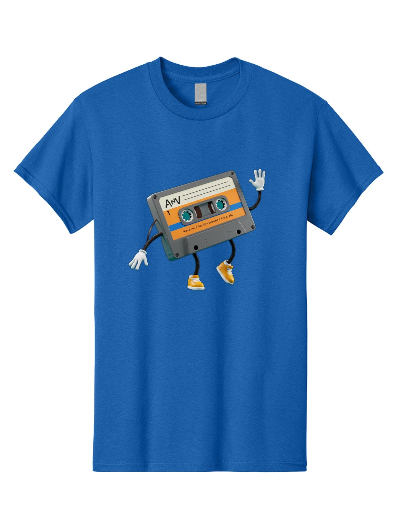 Cassette-Tape-1 Men'S Graphic Tee, 100% Cotton, Comfortable Casual Summer Wear, Machine Washable, Cartoon Cassette Tape, Anthropomorphic Character, Retro Music, Orange Sneakers, Waving Gesture, Fun Design, Nostalgic Vibe, Playful Illustration, Baa259