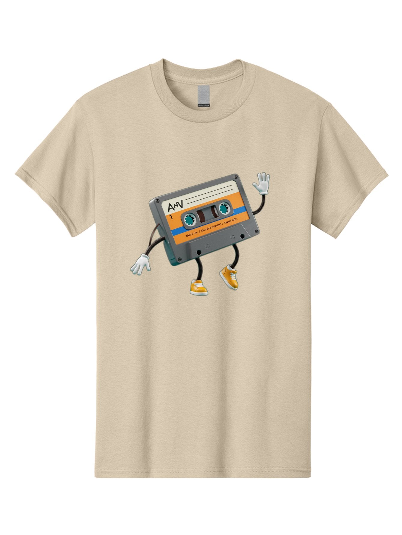 Cassette-Tape-1 Men'S Graphic Tee, 100% Cotton, Comfortable Casual Summer Wear, Machine Washable, Cartoon Cassette Tape, Anthropomorphic Character, Retro Music, Orange Sneakers, Waving Gesture, Fun Design, Nostalgic Vibe, Playful Illustration, Baa259 8