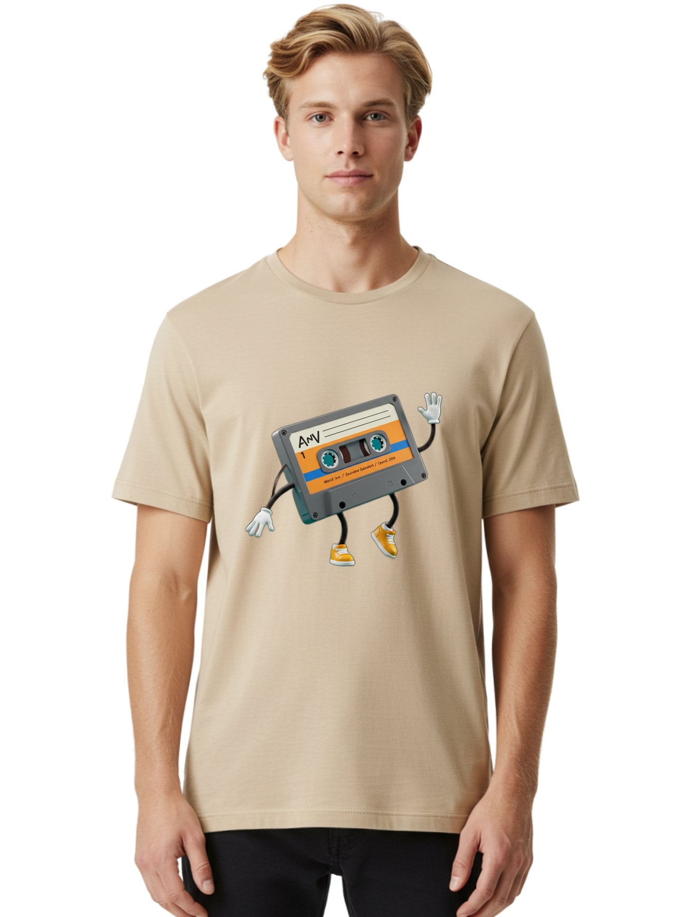 Cassette-Tape-1 Men'S Graphic Tee, 100% Cotton, Comfortable Casual Summer Wear, Machine Washable, Cartoon Cassette Tape, Anthropomorphic Character, Retro Music, Orange Sneakers, Waving Gesture, Fun Design, Nostalgic Vibe, Playful Illustration, Baa259 25