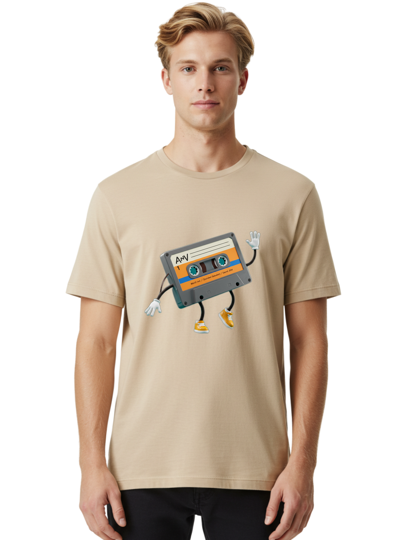 Cassette-Tape-1 Men'S Graphic Tee, 100% Cotton, Comfortable Casual Summer Wear, Machine Washable, Cartoon Cassette Tape, Anthropomorphic Character, Retro Music, Orange Sneakers, Waving Gesture, Fun Design, Nostalgic Vibe, Playful Illustration, Baa259 12