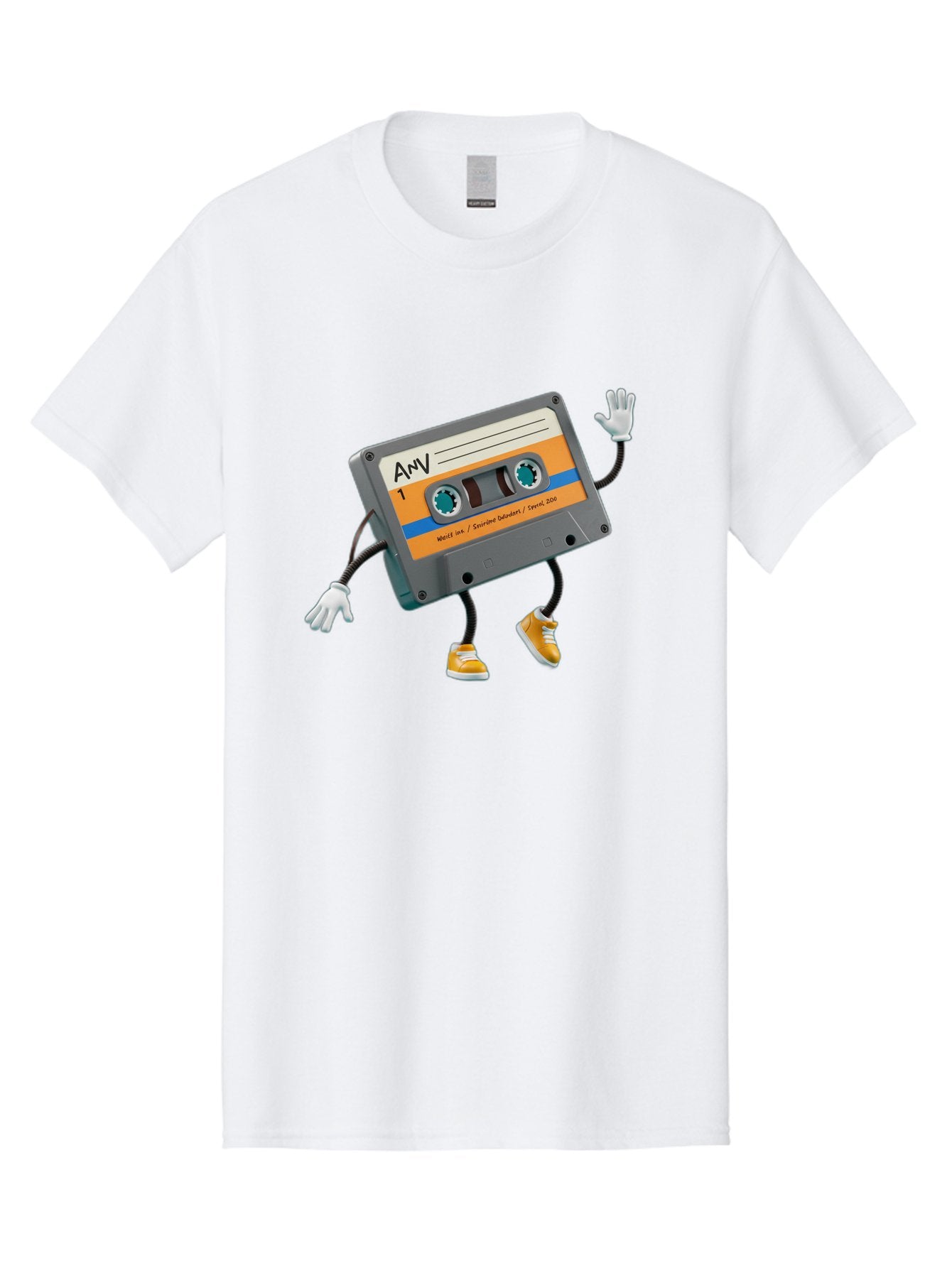 Cassette-Tape-1 Men'S Graphic Tee, 100% Cotton, Comfortable Casual Summer Wear, Machine Washable, Cartoon Cassette Tape, Anthropomorphic Character, Retro Music, Orange Sneakers, Waving Gesture, Fun Design, Nostalgic Vibe, Playful Illustration, Baa259 14
