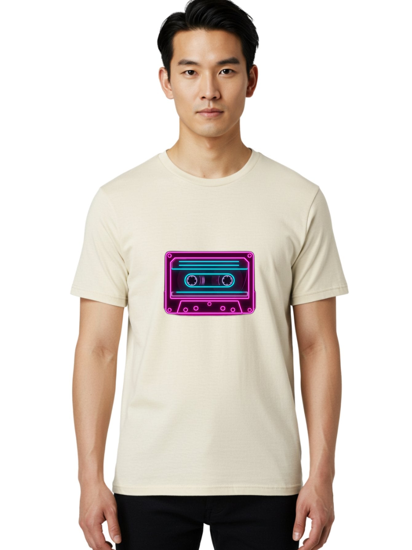 Cassette-Tape-2 Men'S Graphic Tee, 100% Cotton, Comfortable Casual Summer Wear, Machine Washable, Retro Cassette Tape, Neon Lights, Colorful, Nostalgic Music, 80S And 90S Vibe, Music Technology, Audio Nostalgia, Vintage Electronics, Baa260 21