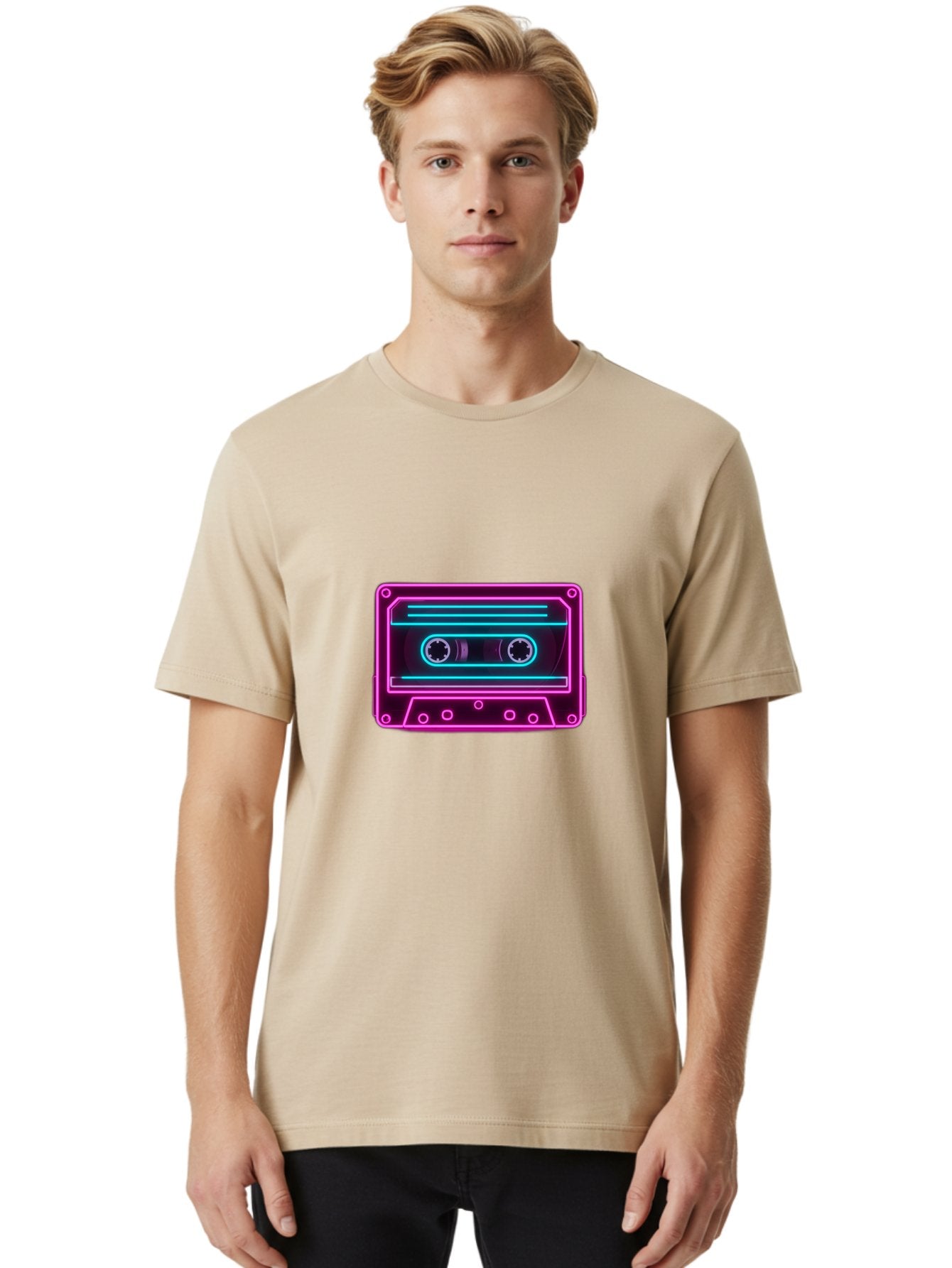 Cassette-Tape-2 Men'S Graphic Tee, 100% Cotton, Comfortable Casual Summer Wear, Machine Washable, Retro Cassette Tape, Neon Lights, Colorful, Nostalgic Music, 80S And 90S Vibe, Music Technology, Audio Nostalgia, Vintage Electronics, Baa260 16