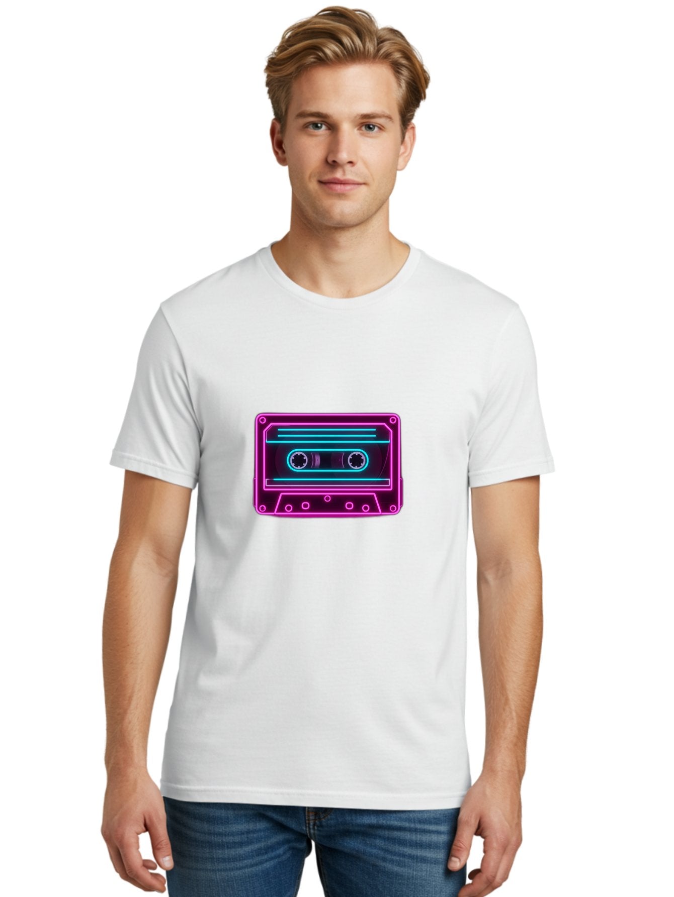 Cassette-Tape-2 Men'S Graphic Tee, 100% Cotton, Comfortable Casual Summer Wear, Machine Washable, Retro Cassette Tape, Neon Lights, Colorful, Nostalgic Music, 80S And 90S Vibe, Music Technology, Audio Nostalgia, Vintage Electronics, Baa260 25