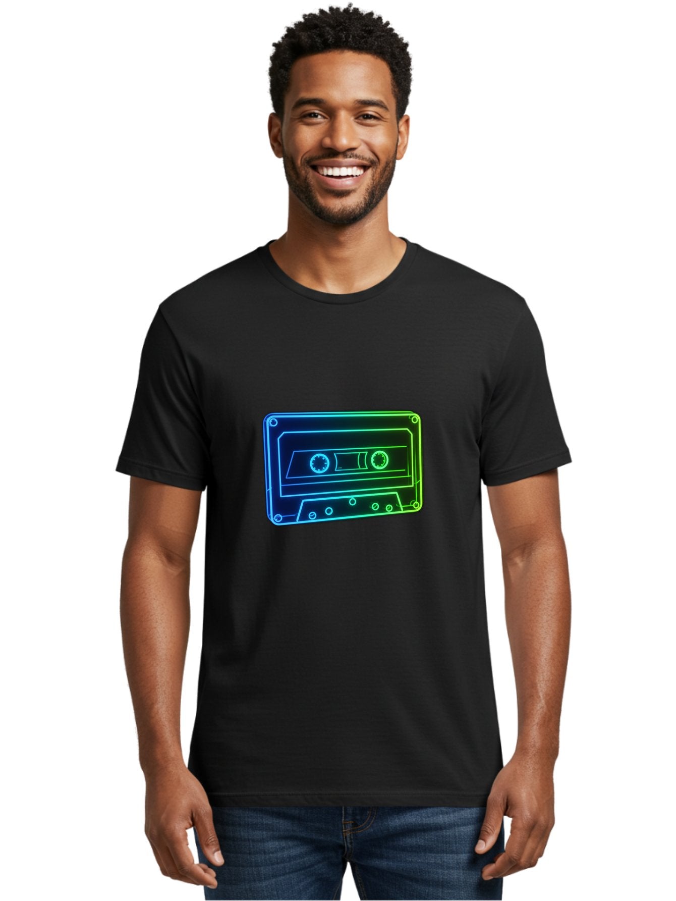 Cassette-Tape-5 Men'S Graphic Tee, 100% Cotton, Comfortable Casual Summer Wear, Machine Washable, Retro Cassette Tape, Vintage Music Format, Nostalgic Design, Neon Outline, Blue Glow, Music Nostalgia, Retro Technology, 80S Memorabilia, Baa263 30