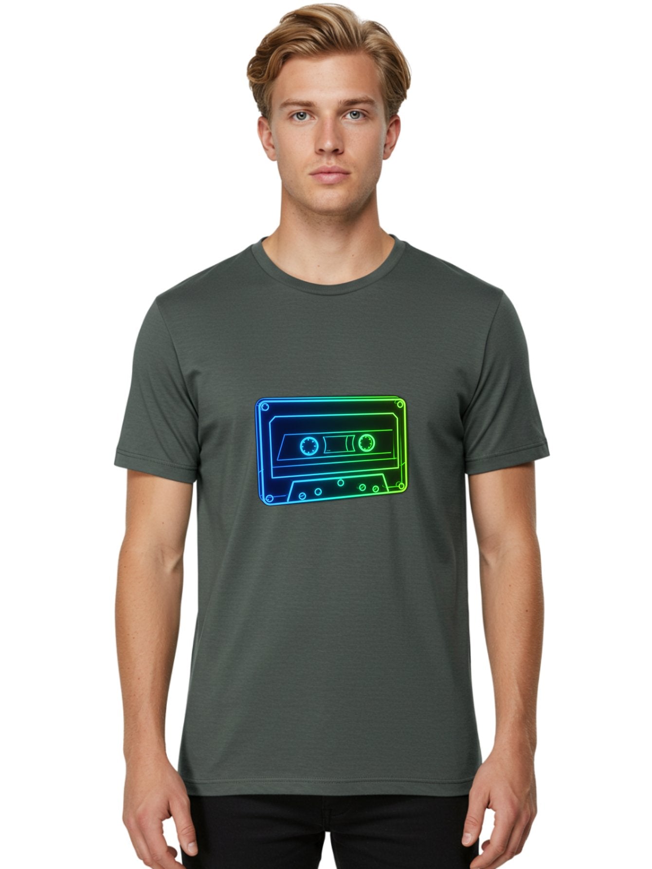 Cassette-Tape-5 Men'S Graphic Tee, 100% Cotton, Comfortable Casual Summer Wear, Machine Washable, Retro Cassette Tape, Vintage Music Format, Nostalgic Design, Neon Outline, Blue Glow, Music Nostalgia, Retro Technology, 80S Memorabilia, Baa263 28