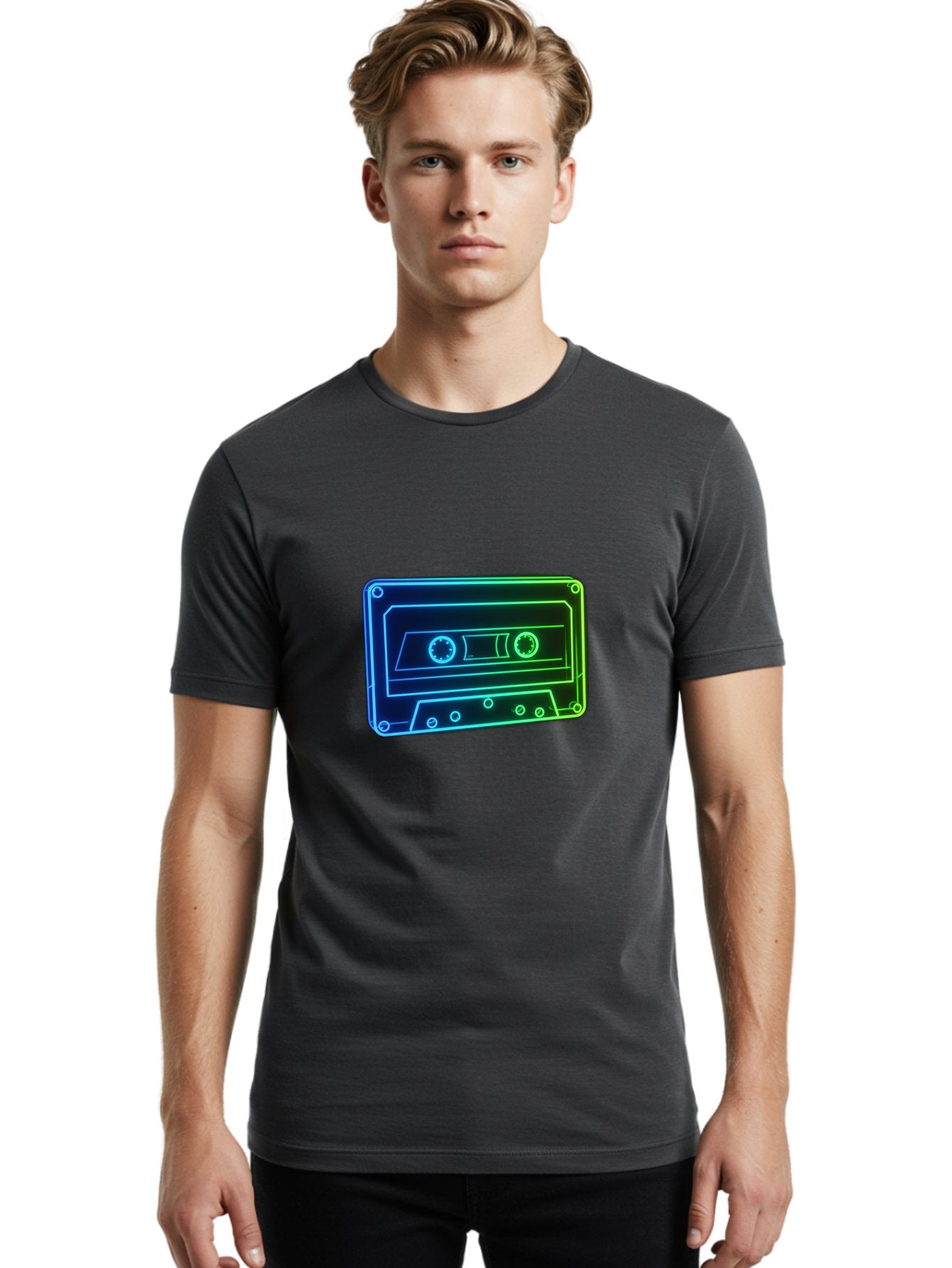 Cassette-Tape-5 Men'S Graphic Tee, 100% Cotton, Comfortable Casual Summer Wear, Machine Washable, Retro Cassette Tape, Vintage Music Format, Nostalgic Design, Neon Outline, Blue Glow, Music Nostalgia, Retro Technology, 80S Memorabilia, Baa263 18