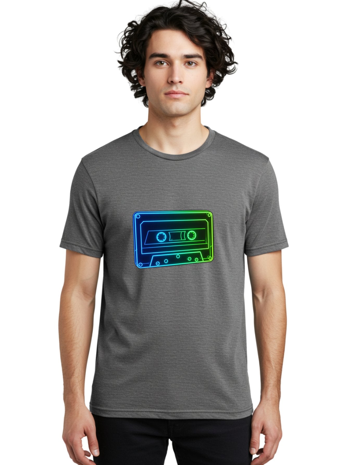 Cassette-Tape-5 Men'S Graphic Tee, 100% Cotton, Comfortable Casual Summer Wear, Machine Washable, Retro Cassette Tape, Vintage Music Format, Nostalgic Design, Neon Outline, Blue Glow, Music Nostalgia, Retro Technology, 80S Memorabilia, Baa263 27