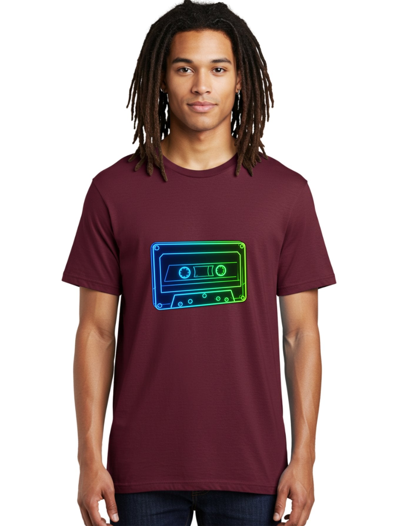 Cassette-Tape-5 Men'S Graphic Tee, 100% Cotton, Comfortable Casual Summer Wear, Machine Washable, Retro Cassette Tape, Vintage Music Format, Nostalgic Design, Neon Outline, Blue Glow, Music Nostalgia, Retro Technology, 80S Memorabilia, Baa263 19