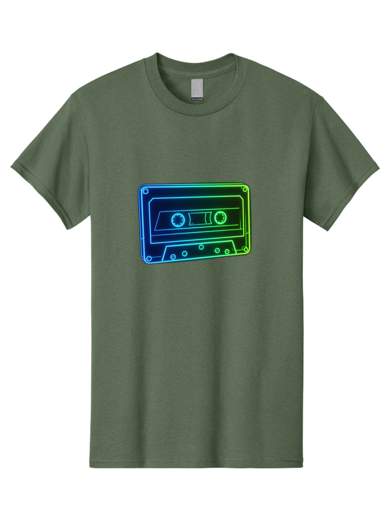 Cassette-Tape-5 Men'S Graphic Tee, 100% Cotton, Comfortable Casual Summer Wear, Machine Washable, Retro Cassette Tape, Vintage Music Format, Nostalgic Design, Neon Outline, Blue Glow, Music Nostalgia, Retro Technology, 80S Memorabilia, Baa263 5
