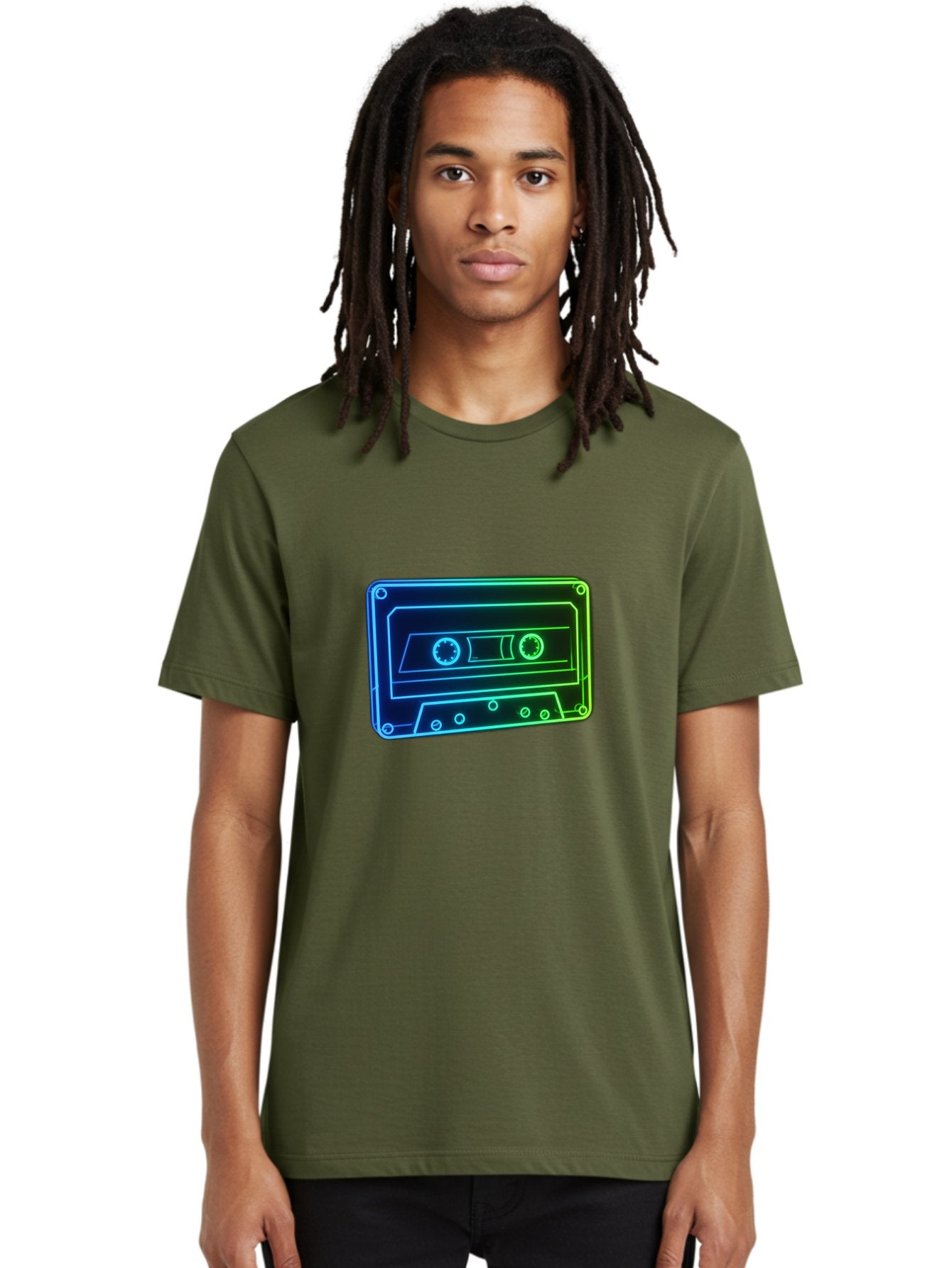 Cassette-Tape-5 Men'S Graphic Tee, 100% Cotton, Comfortable Casual Summer Wear, Machine Washable, Retro Cassette Tape, Vintage Music Format, Nostalgic Design, Neon Outline, Blue Glow, Music Nostalgia, Retro Technology, 80S Memorabilia, Baa263 23
