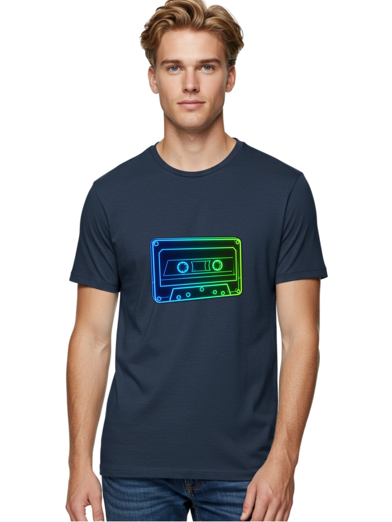 Cassette-Tape-5 Men'S Graphic Tee, 100% Cotton, Comfortable Casual Summer Wear, Machine Washable, Retro Cassette Tape, Vintage Music Format, Nostalgic Design, Neon Outline, Blue Glow, Music Nostalgia, Retro Technology, 80S Memorabilia, Baa263 25