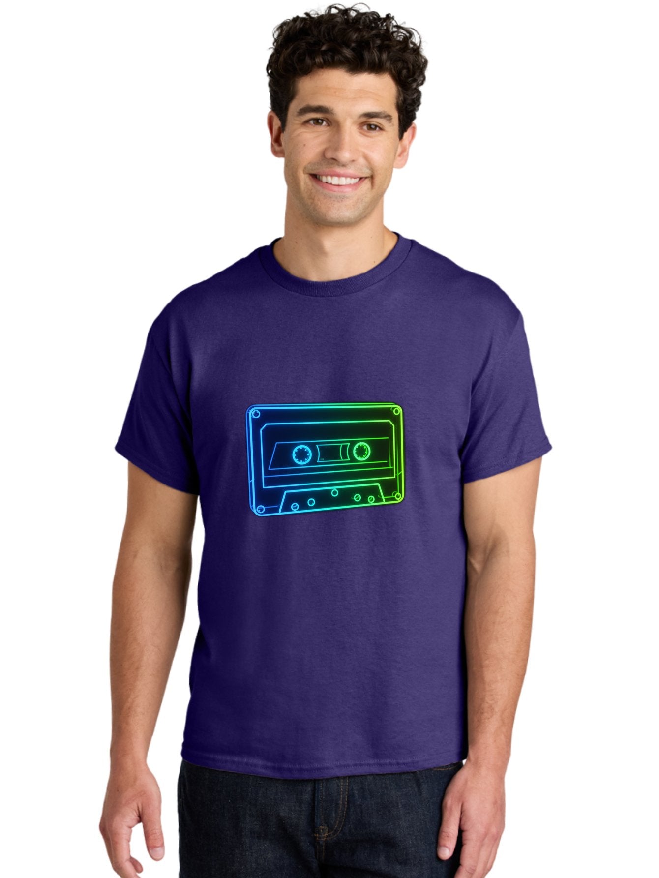 Cassette-Tape-5 Men'S Graphic Tee, 100% Cotton, Comfortable Casual Summer Wear, Machine Washable, Retro Cassette Tape, Vintage Music Format, Nostalgic Design, Neon Outline, Blue Glow, Music Nostalgia, Retro Technology, 80S Memorabilia, Baa263 22