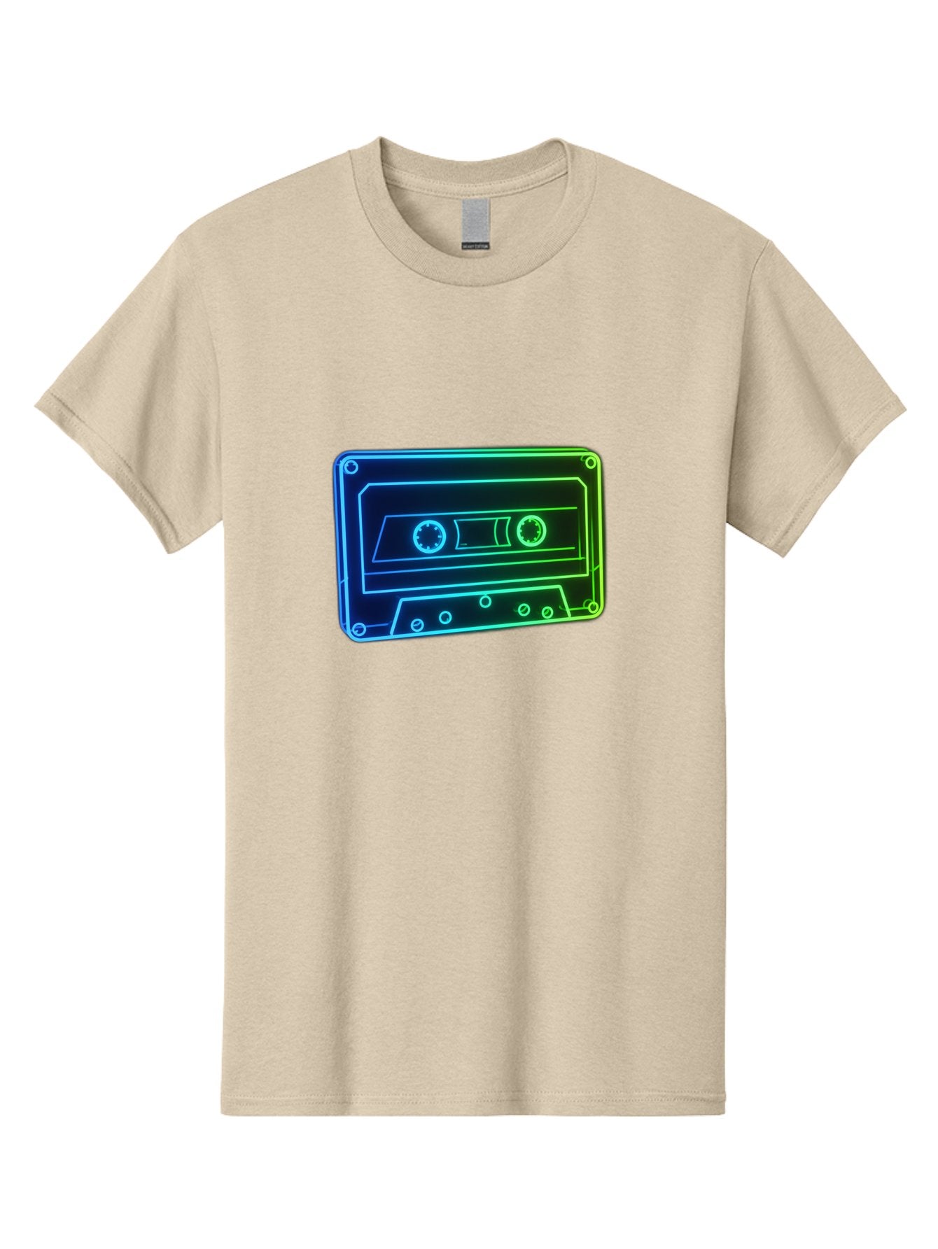 Cassette-Tape-5 Men'S Graphic Tee, 100% Cotton, Comfortable Casual Summer Wear, Machine Washable, Retro Cassette Tape, Vintage Music Format, Nostalgic Design, Neon Outline, Blue Glow, Music Nostalgia, Retro Technology, 80S Memorabilia, Baa263