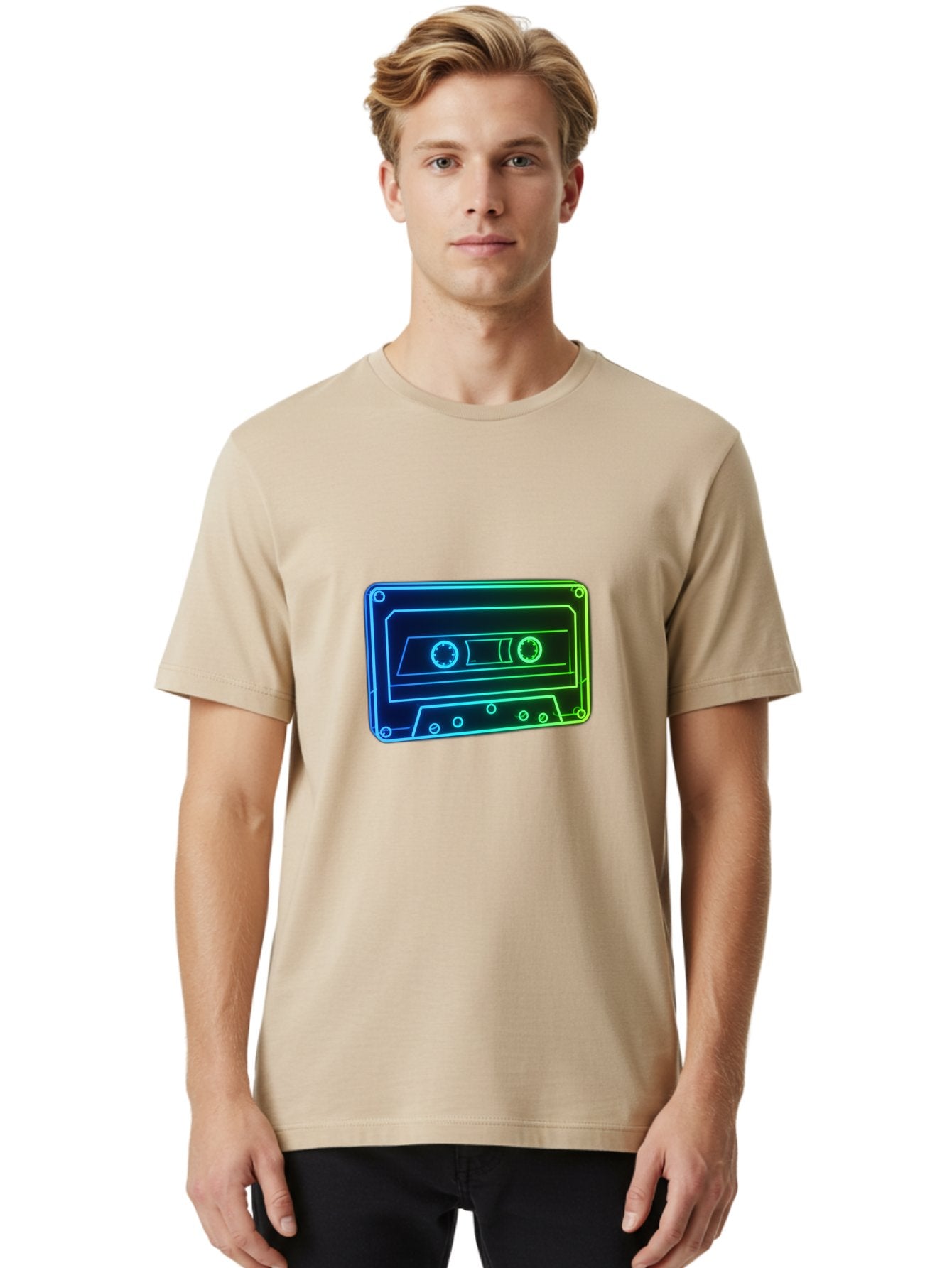 Cassette-Tape-5 Men'S Graphic Tee, 100% Cotton, Comfortable Casual Summer Wear, Machine Washable, Retro Cassette Tape, Vintage Music Format, Nostalgic Design, Neon Outline, Blue Glow, Music Nostalgia, Retro Technology, 80S Memorabilia, Baa263 21