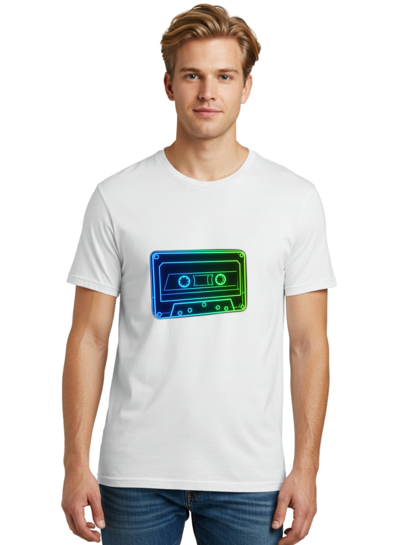 Cassette-Tape-5 Men'S Graphic Tee, 100% Cotton, Comfortable Casual Summer Wear, Machine Washable, Retro Cassette Tape, Vintage Music Format, Nostalgic Design, Neon Outline, Blue Glow, Music Nostalgia, Retro Technology, 80S Memorabilia, Baa263 17