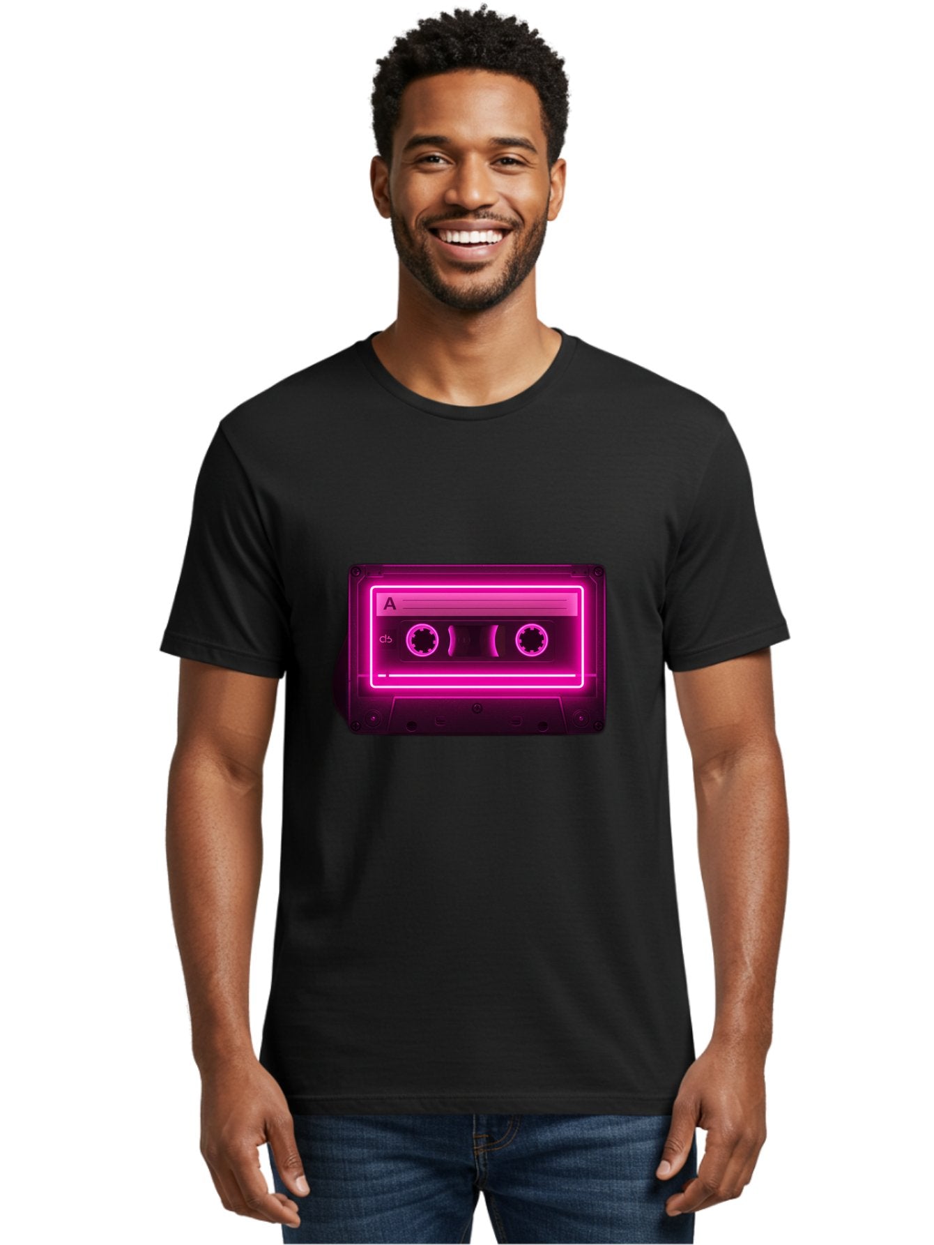 Cassette-Tape-A-5 Men'S Graphic Tee, 100% Cotton, Comfortable Casual Summer Wear, Machine Washable, Cassette Tape, Retro Music, Vintage Technology, Neon Lights, Pink Glow, Cassette A, Cb Label, 80S Nostalgia, Music Lover, Retro Vibe Baa269 21