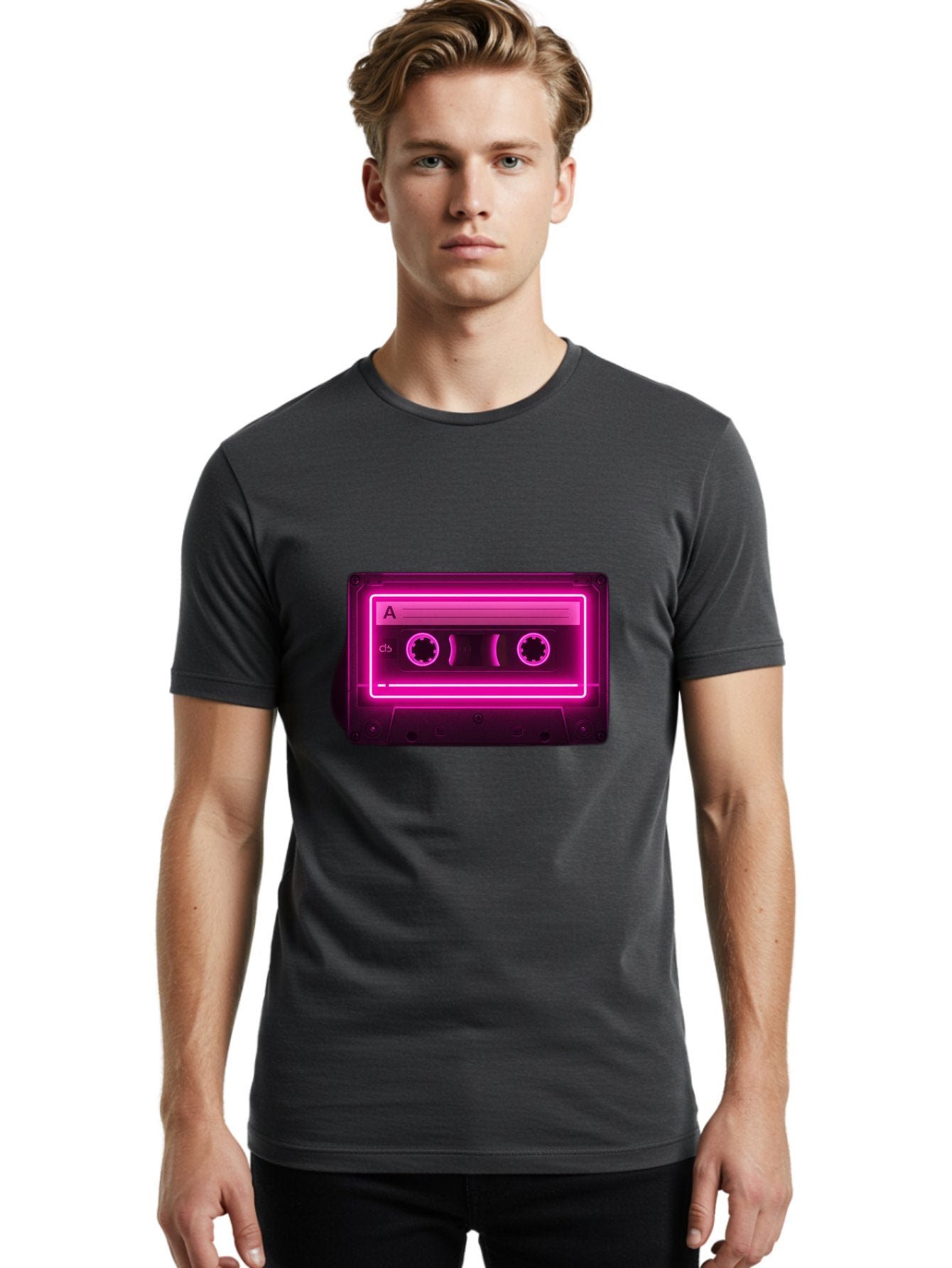 Cassette-Tape-A-5 Men'S Graphic Tee, 100% Cotton, Comfortable Casual Summer Wear, Machine Washable, Cassette Tape, Retro Music, Vintage Technology, Neon Lights, Pink Glow, Cassette A, Cb Label, 80S Nostalgia, Music Lover, Retro Vibe Baa269 18