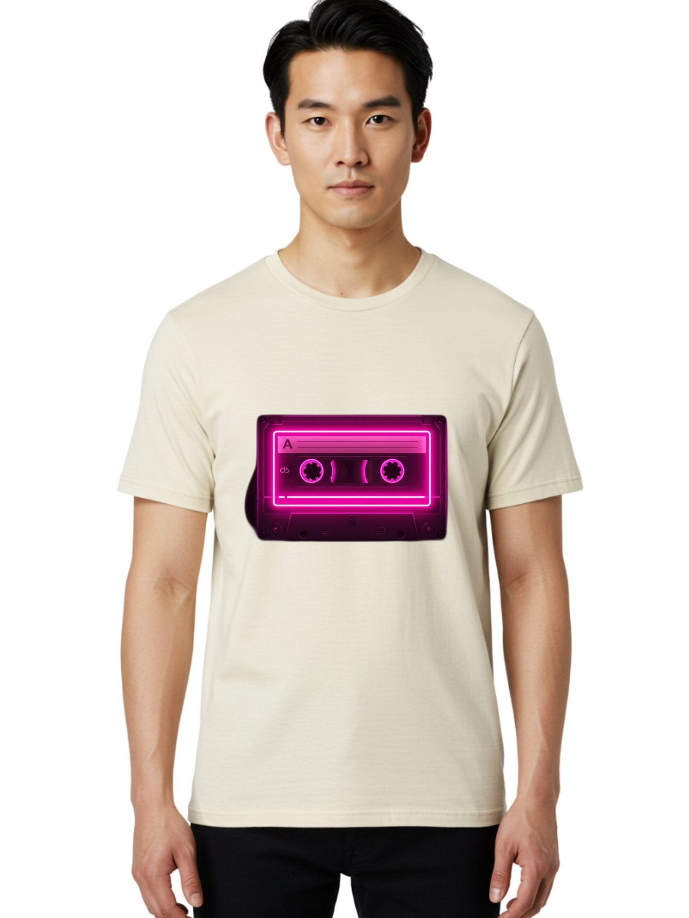 Cassette-Tape-A-5 Men'S Graphic Tee, 100% Cotton, Comfortable Casual Summer Wear, Machine Washable, Cassette Tape, Retro Music, Vintage Technology, Neon Lights, Pink Glow, Cassette A, Cb Label, 80S Nostalgia, Music Lover, Retro Vibe Baa269 23