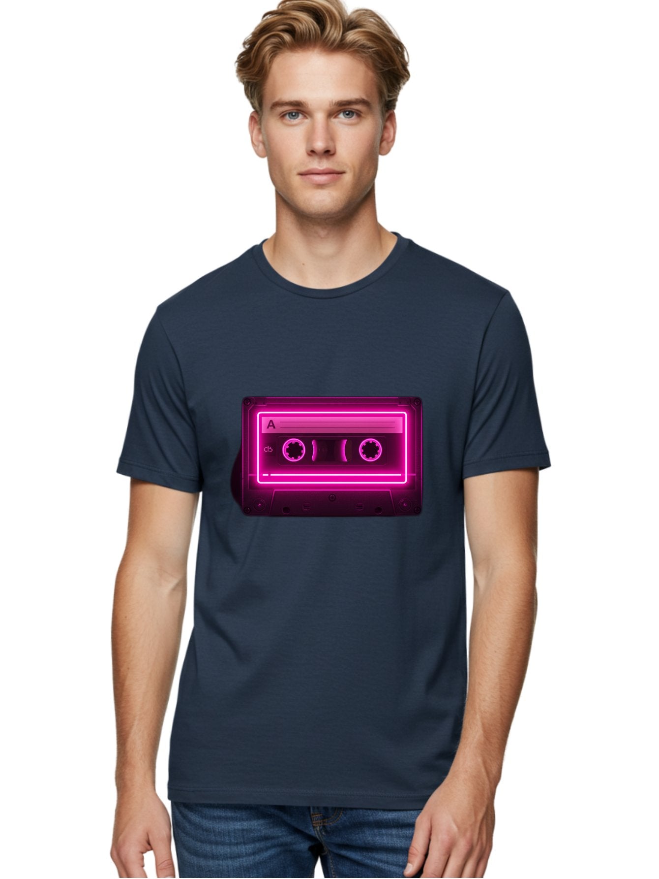 Cassette-Tape-A-5 Men'S Graphic Tee, 100% Cotton, Comfortable Casual Summer Wear, Machine Washable, Cassette Tape, Retro Music, Vintage Technology, Neon Lights, Pink Glow, Cassette A, Cb Label, 80S Nostalgia, Music Lover, Retro Vibe Baa269 22