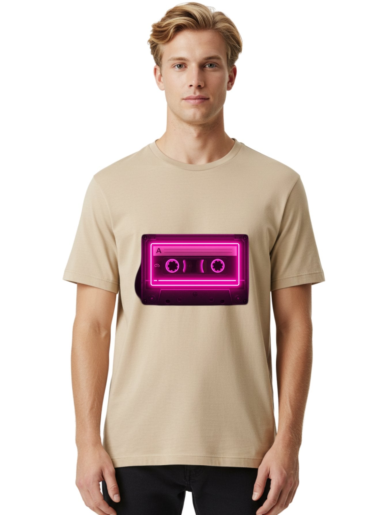 Cassette-Tape-A-5 Men'S Graphic Tee, 100% Cotton, Comfortable Casual Summer Wear, Machine Washable, Cassette Tape, Retro Music, Vintage Technology, Neon Lights, Pink Glow, Cassette A, Cb Label, 80S Nostalgia, Music Lover, Retro Vibe Baa269 19