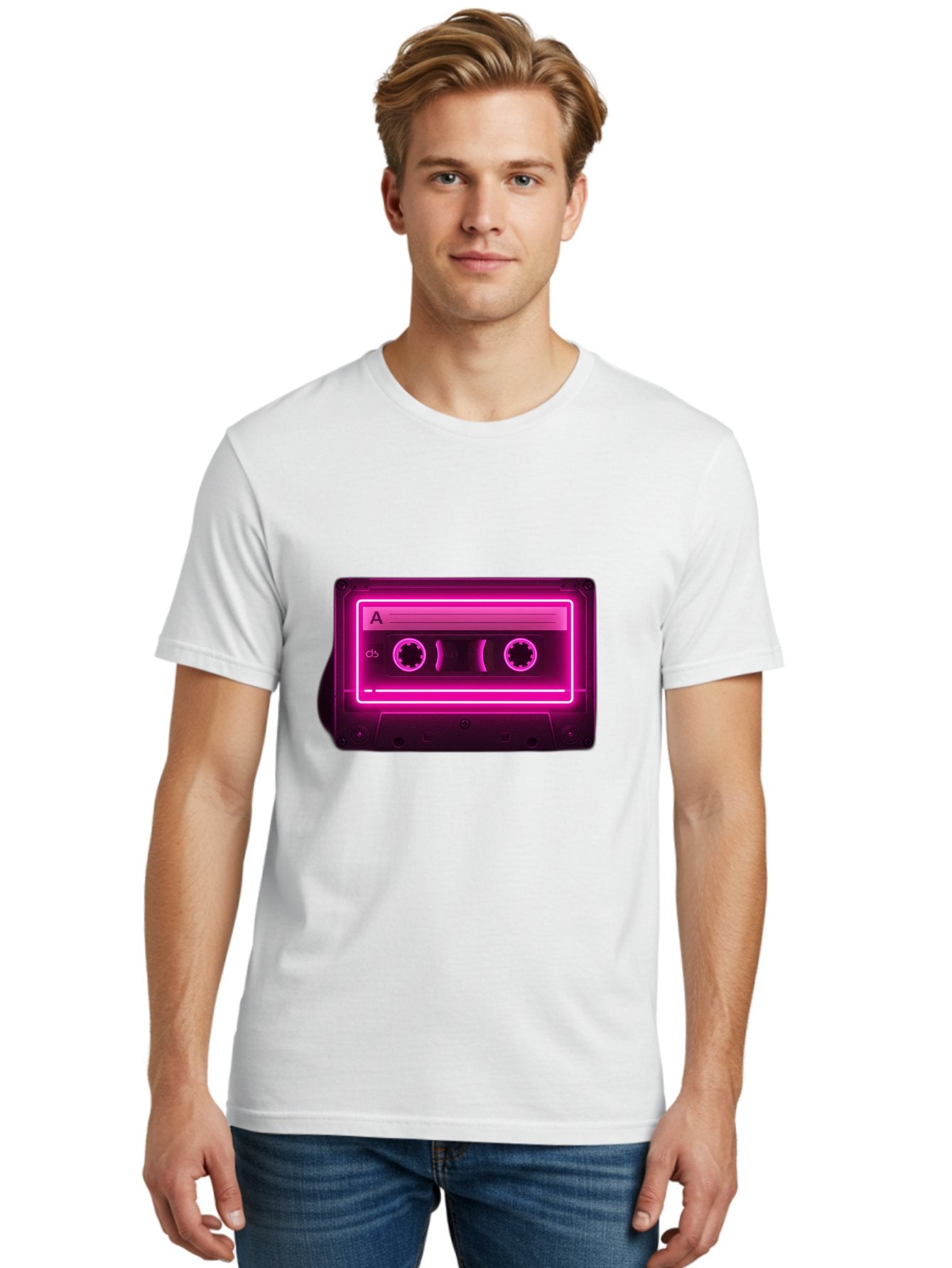 Cassette-Tape-A-5 Men'S Graphic Tee, 100% Cotton, Comfortable Casual Summer Wear, Machine Washable, Cassette Tape, Retro Music, Vintage Technology, Neon Lights, Pink Glow, Cassette A, Cb Label, 80S Nostalgia, Music Lover, Retro Vibe Baa269 26