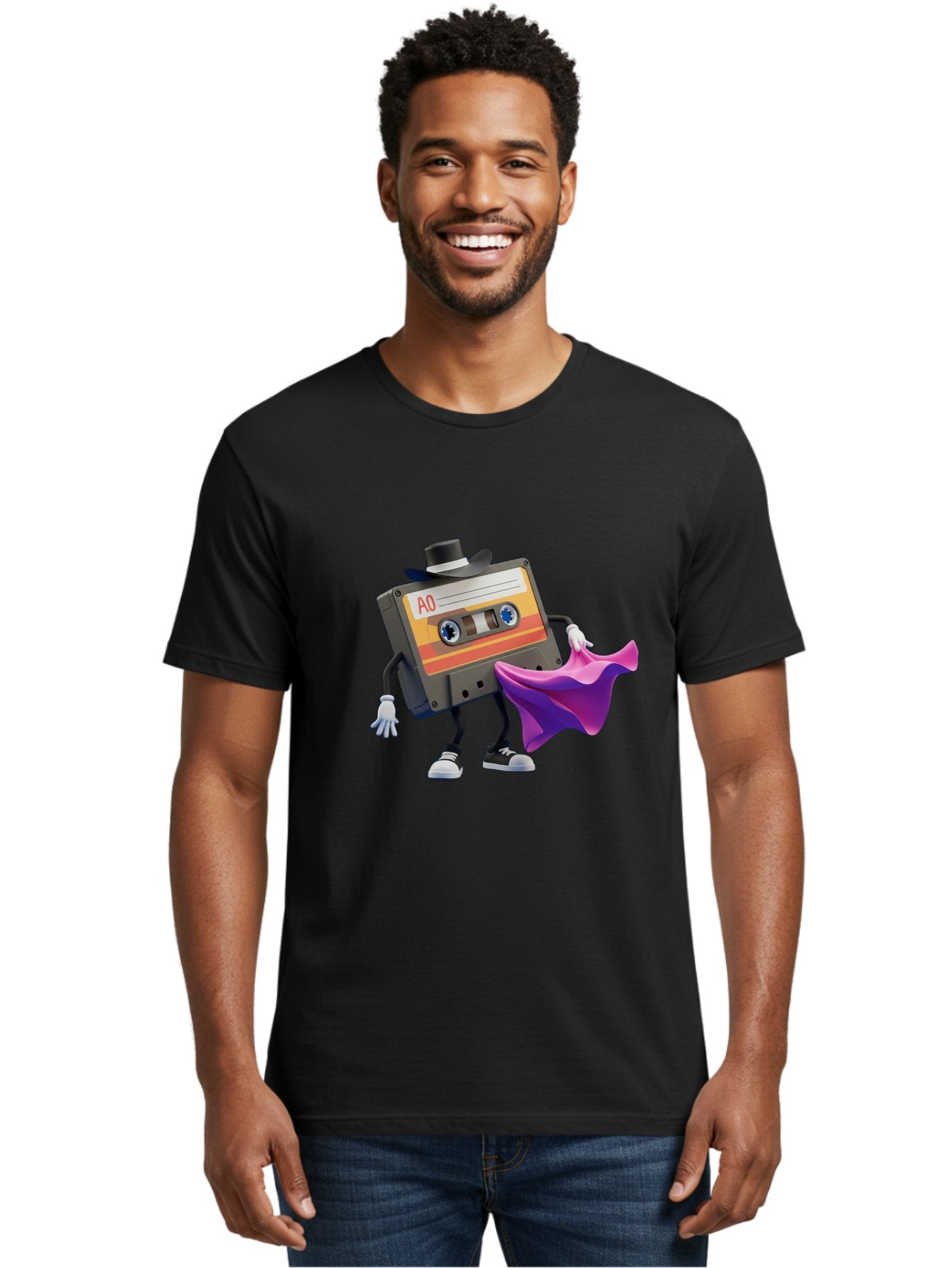 Cassette-Tape-A0 Men'S Graphic Tee, 100% Cotton, Comfortable Casual Summer Wear, Machine Washable, Cassette Tape Character, Retro Music, Vintage Style, A0 Label, Fancy Hat, Cape, Cool Pose, Nostalgic Charm, Funky Vibe Baa272 29