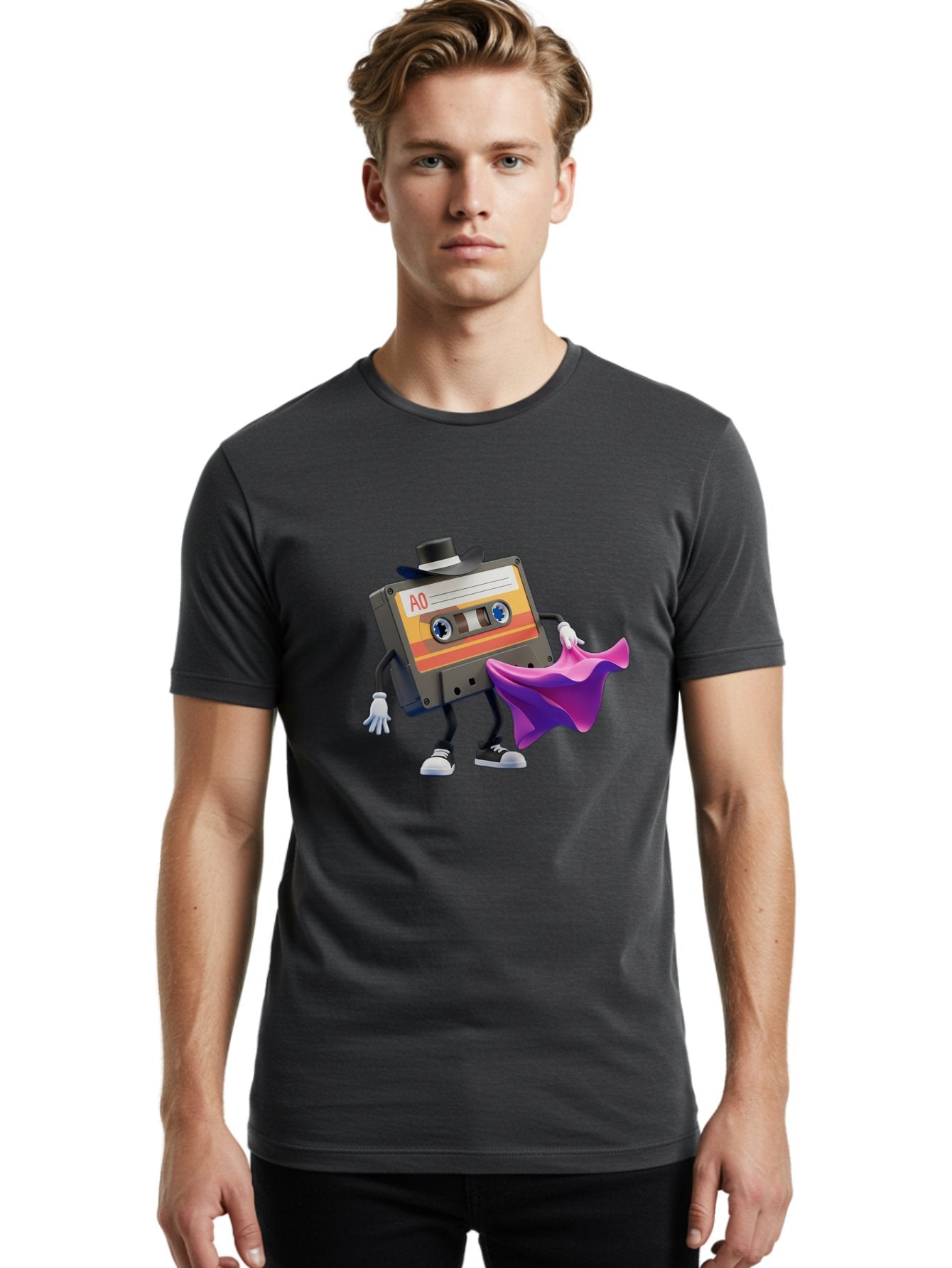 Cassette-Tape-A0 Men'S Graphic Tee, 100% Cotton, Comfortable Casual Summer Wear, Machine Washable, Cassette Tape Character, Retro Music, Vintage Style, A0 Label, Fancy Hat, Cape, Cool Pose, Nostalgic Charm, Funky Vibe Baa272 17
