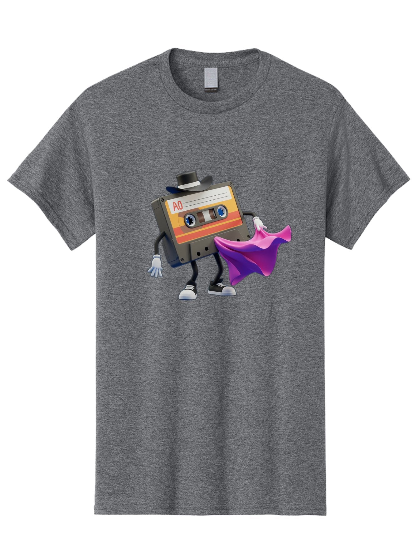 Cassette-Tape-A0 Men'S Graphic Tee, 100% Cotton, Comfortable Casual Summer Wear, Machine Washable, Cassette Tape Character, Retro Music, Vintage Style, A0 Label, Fancy Hat, Cape, Cool Pose, Nostalgic Charm, Funky Vibe Baa272 7