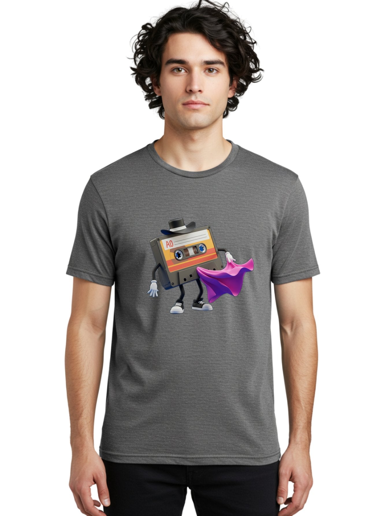 Cassette-Tape-A0 Men'S Graphic Tee, 100% Cotton, Comfortable Casual Summer Wear, Machine Washable, Cassette Tape Character, Retro Music, Vintage Style, A0 Label, Fancy Hat, Cape, Cool Pose, Nostalgic Charm, Funky Vibe Baa272 16