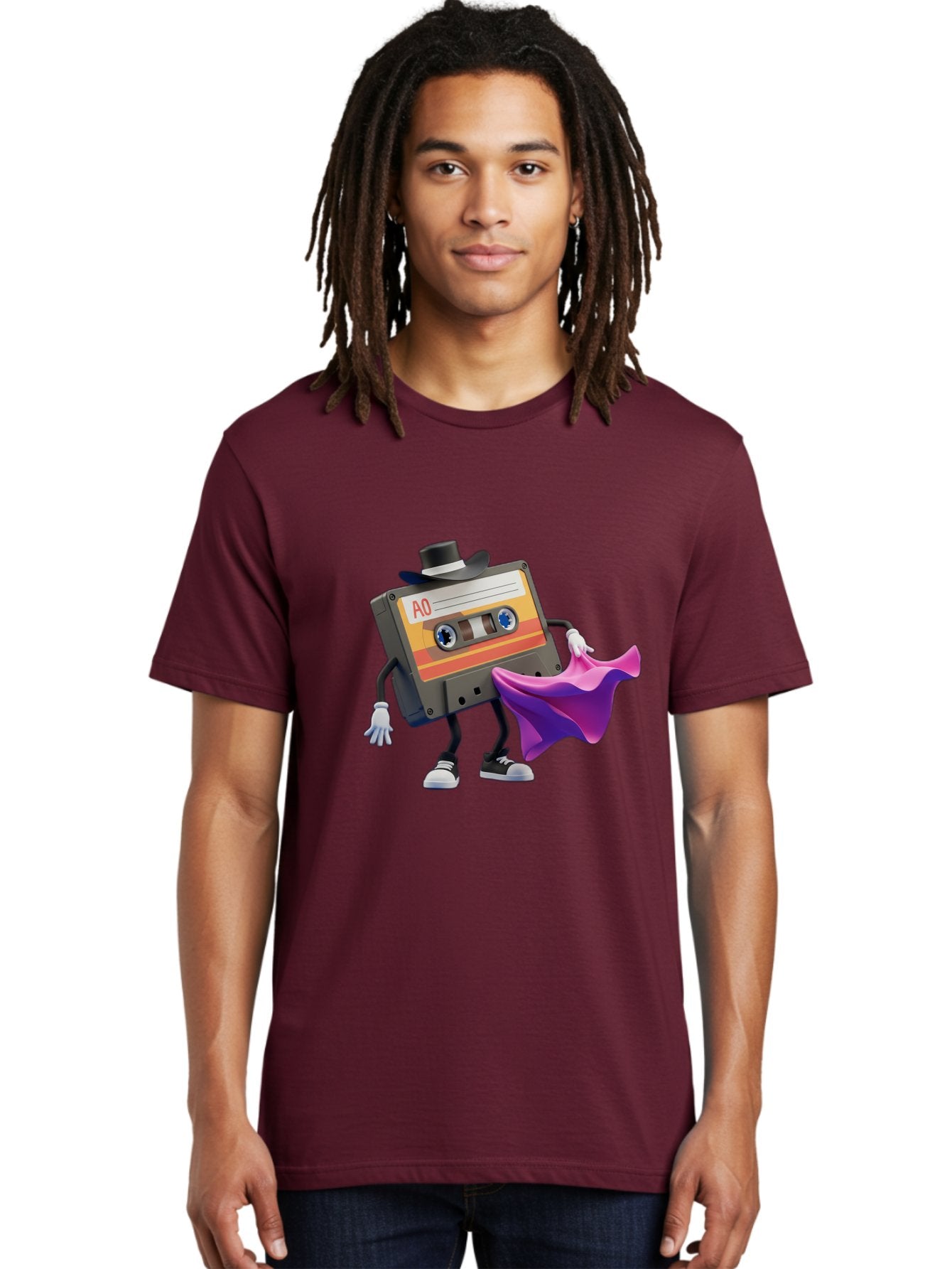 Cassette-Tape-A0 Men'S Graphic Tee, 100% Cotton, Comfortable Casual Summer Wear, Machine Washable, Cassette Tape Character, Retro Music, Vintage Style, A0 Label, Fancy Hat, Cape, Cool Pose, Nostalgic Charm, Funky Vibe Baa272 25