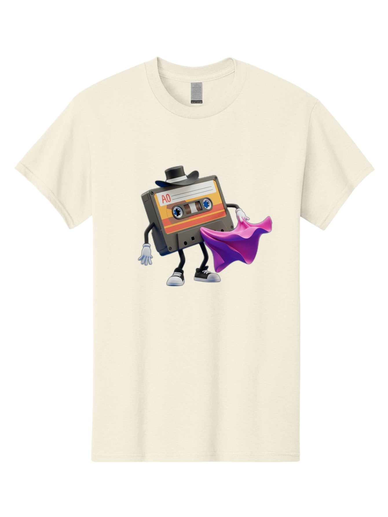 Cassette-Tape-A0 Men'S Graphic Tee, 100% Cotton, Comfortable Casual Summer Wear, Machine Washable, Cassette Tape Character, Retro Music, Vintage Style, A0 Label, Fancy Hat, Cape, Cool Pose, Nostalgic Charm, Funky Vibe Baa272