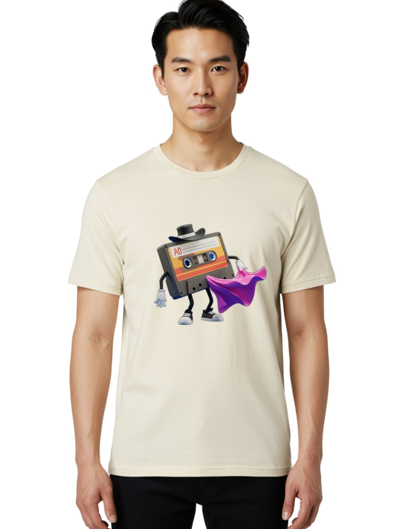 Cassette-Tape-A0 Men'S Graphic Tee, 100% Cotton, Comfortable Casual Summer Wear, Machine Washable, Cassette Tape Character, Retro Music, Vintage Style, A0 Label, Fancy Hat, Cape, Cool Pose, Nostalgic Charm, Funky Vibe Baa272 19