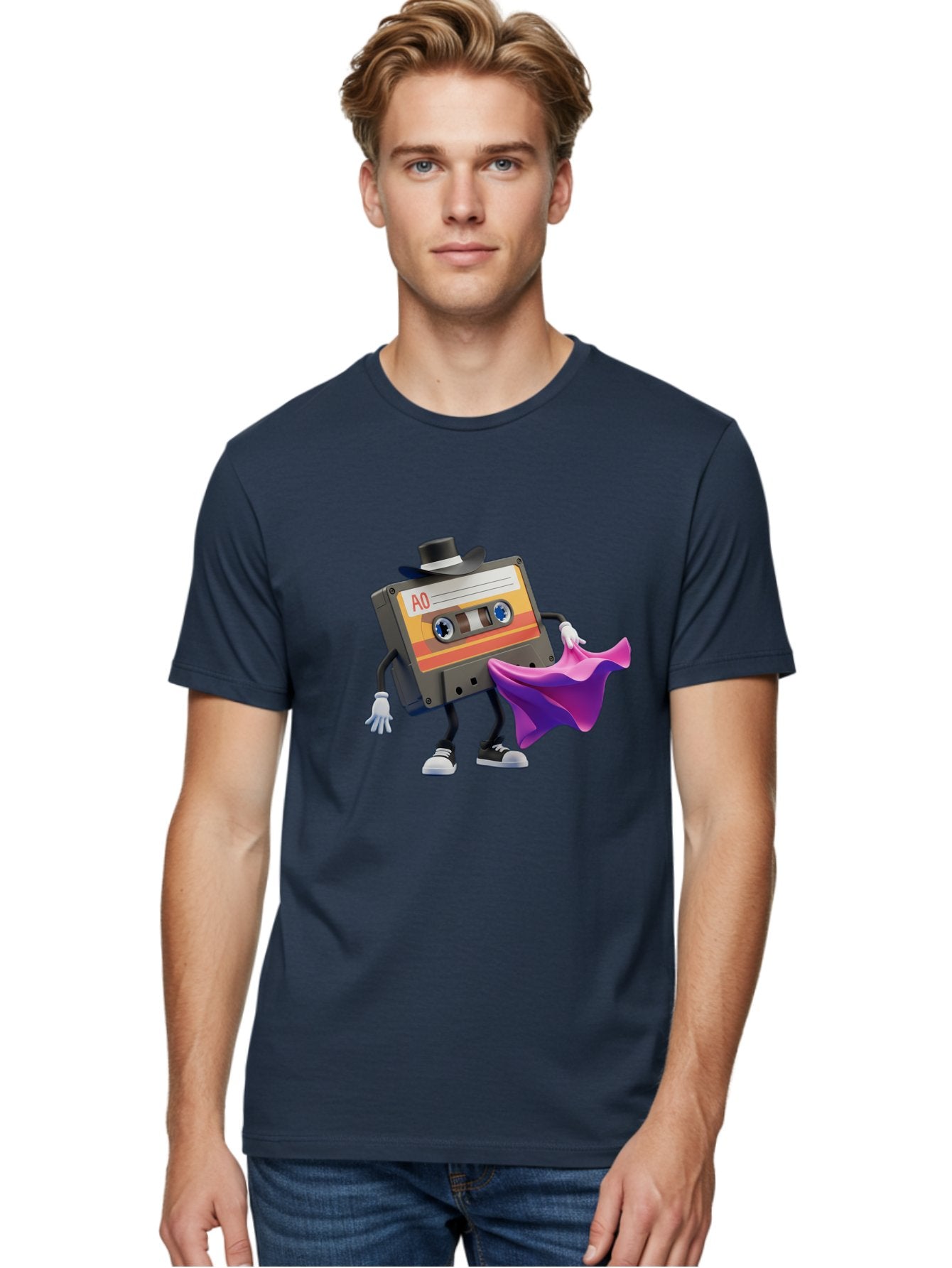 Cassette-Tape-A0 Men'S Graphic Tee, 100% Cotton, Comfortable Casual Summer Wear, Machine Washable, Cassette Tape Character, Retro Music, Vintage Style, A0 Label, Fancy Hat, Cape, Cool Pose, Nostalgic Charm, Funky Vibe Baa272 21
